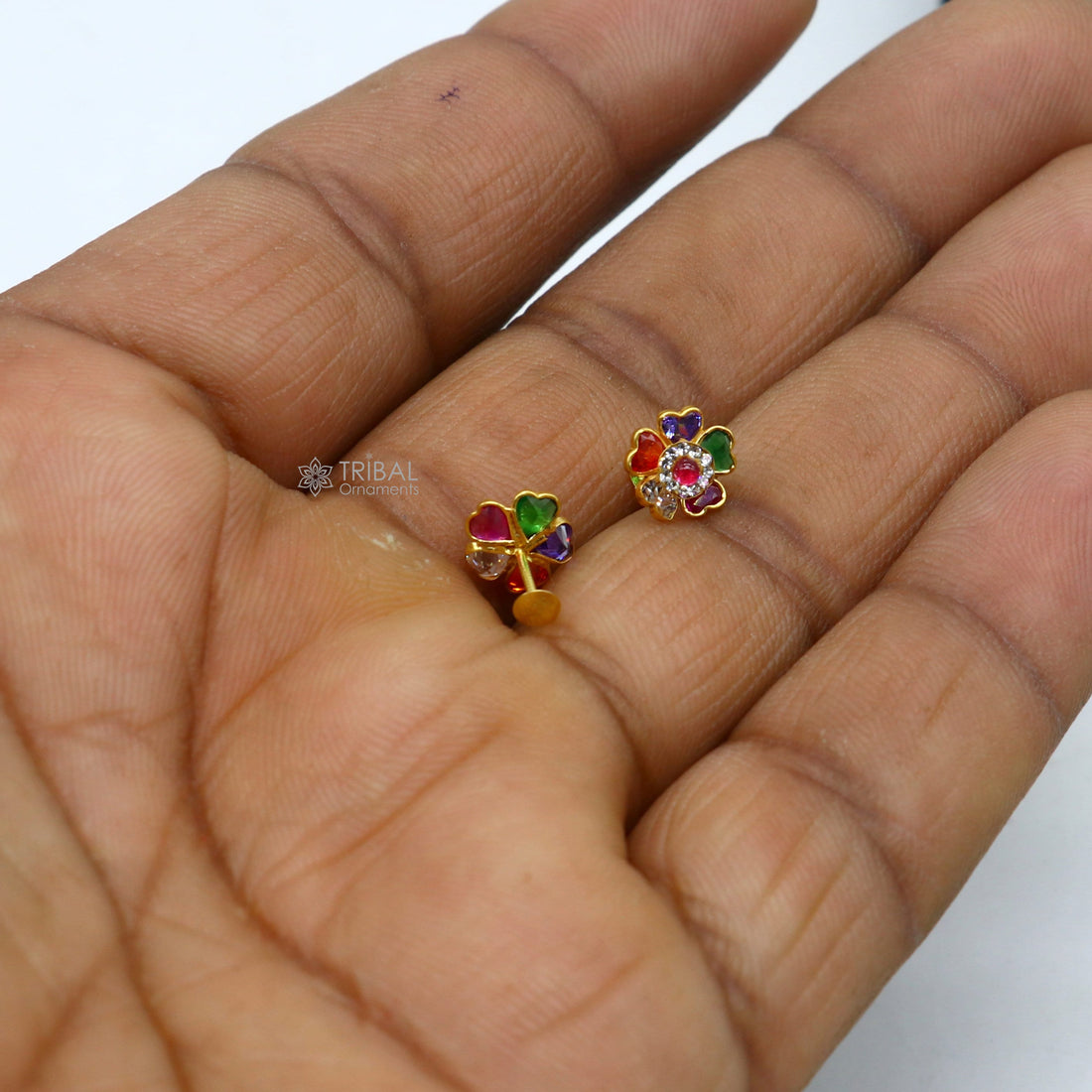 14kt yellow gold handmade fabulous multicolor Stone excellent vintage flower design stud earrings pair unisex jewelry er173 - TRIBAL ORNAMENTS