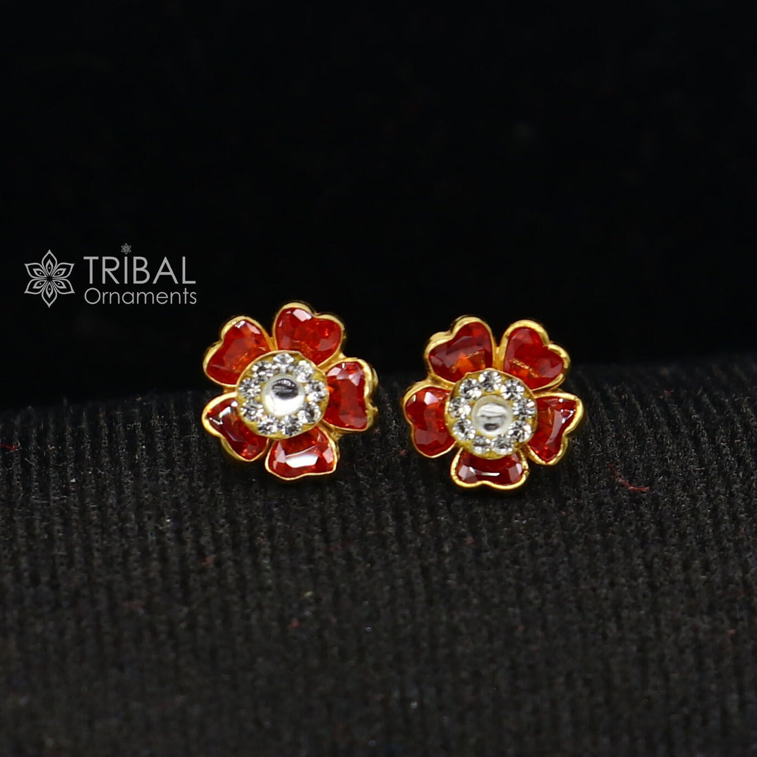 14kt yellow gold handmade fabulous orange Stone excellent vintage flower design stud earrings pair unisex jewelry er174 - TRIBAL ORNAMENTS