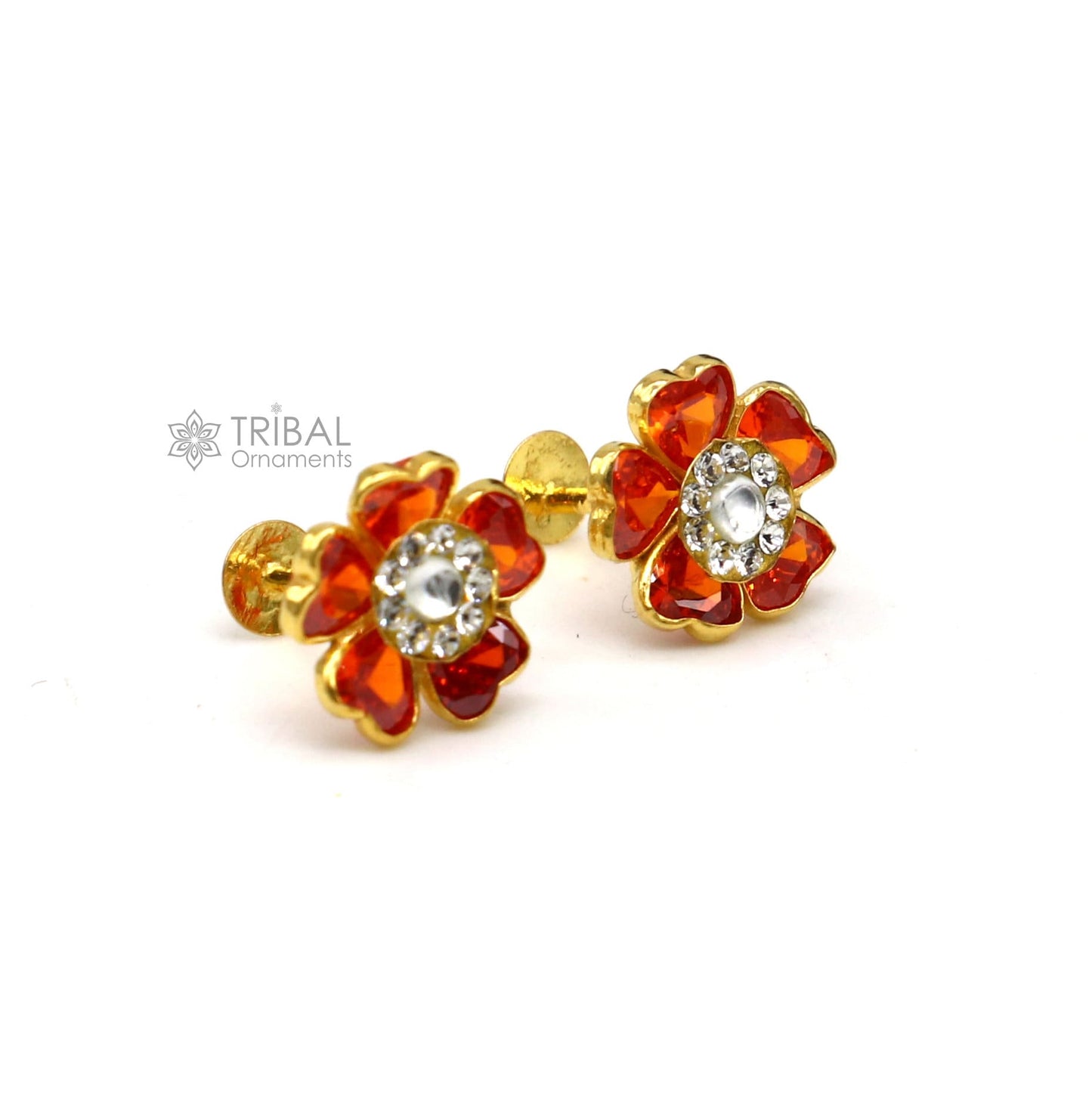 14kt yellow gold handmade fabulous orange Stone excellent vintage flower design stud earrings pair unisex jewelry er174 - TRIBAL ORNAMENTS