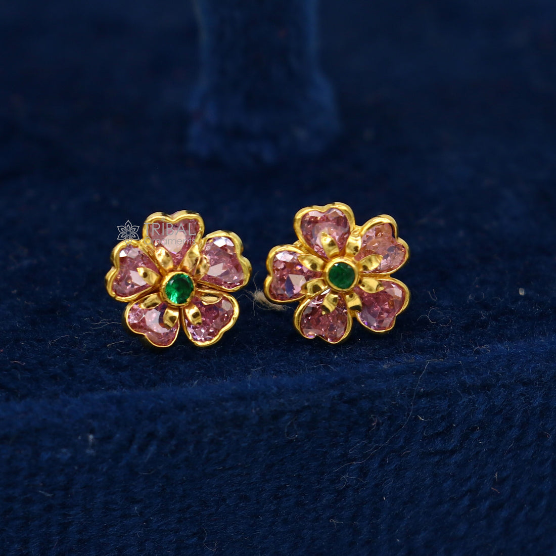 14kt yellow gold handmade fabulous orange Stone excellent vintage flower design stud earrings pair unisex jewelry er175 - TRIBAL ORNAMENTS