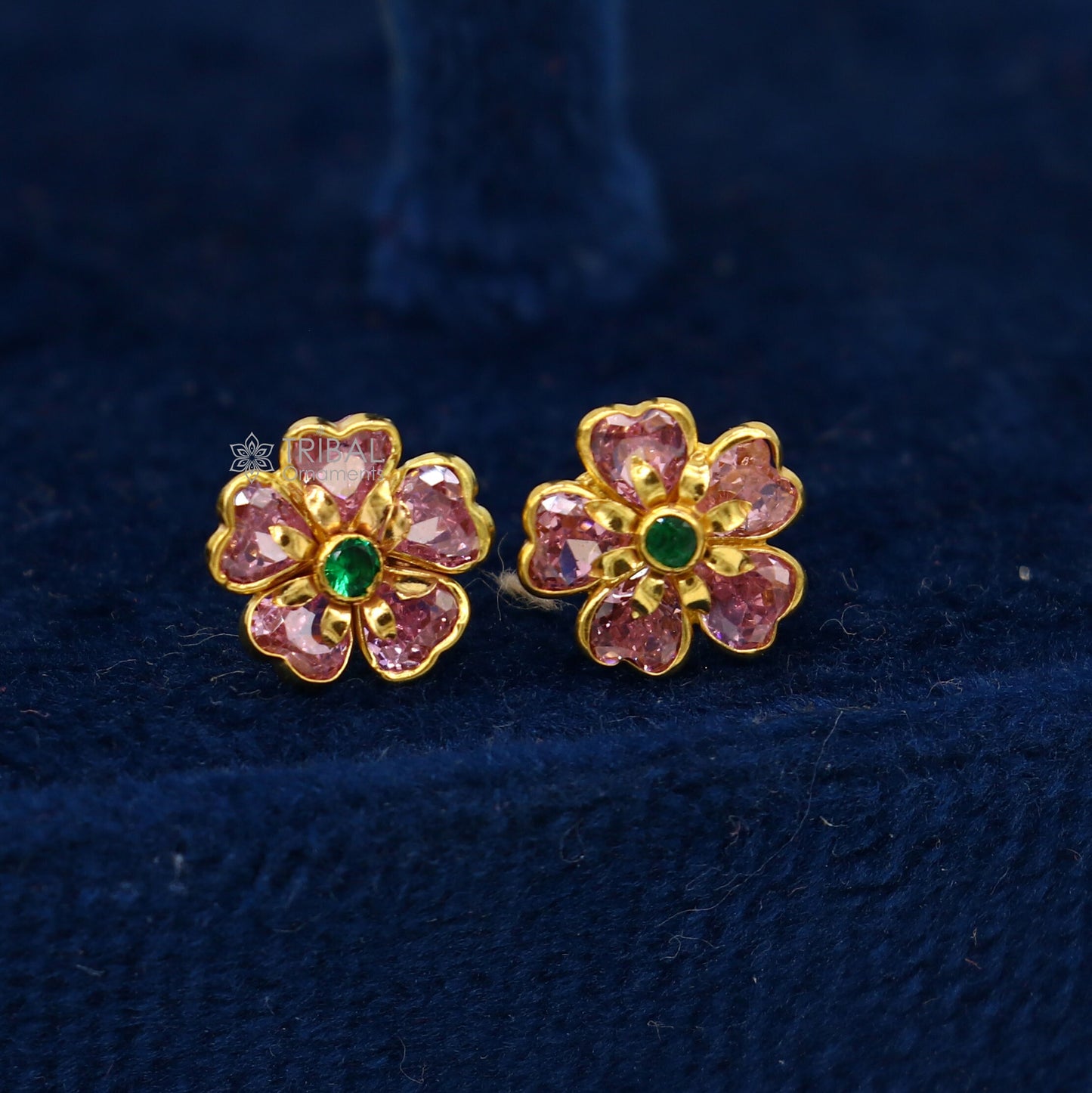 14kt yellow gold handmade fabulous orange Stone excellent vintage flower design stud earrings pair unisex jewelry er175 - TRIBAL ORNAMENTS