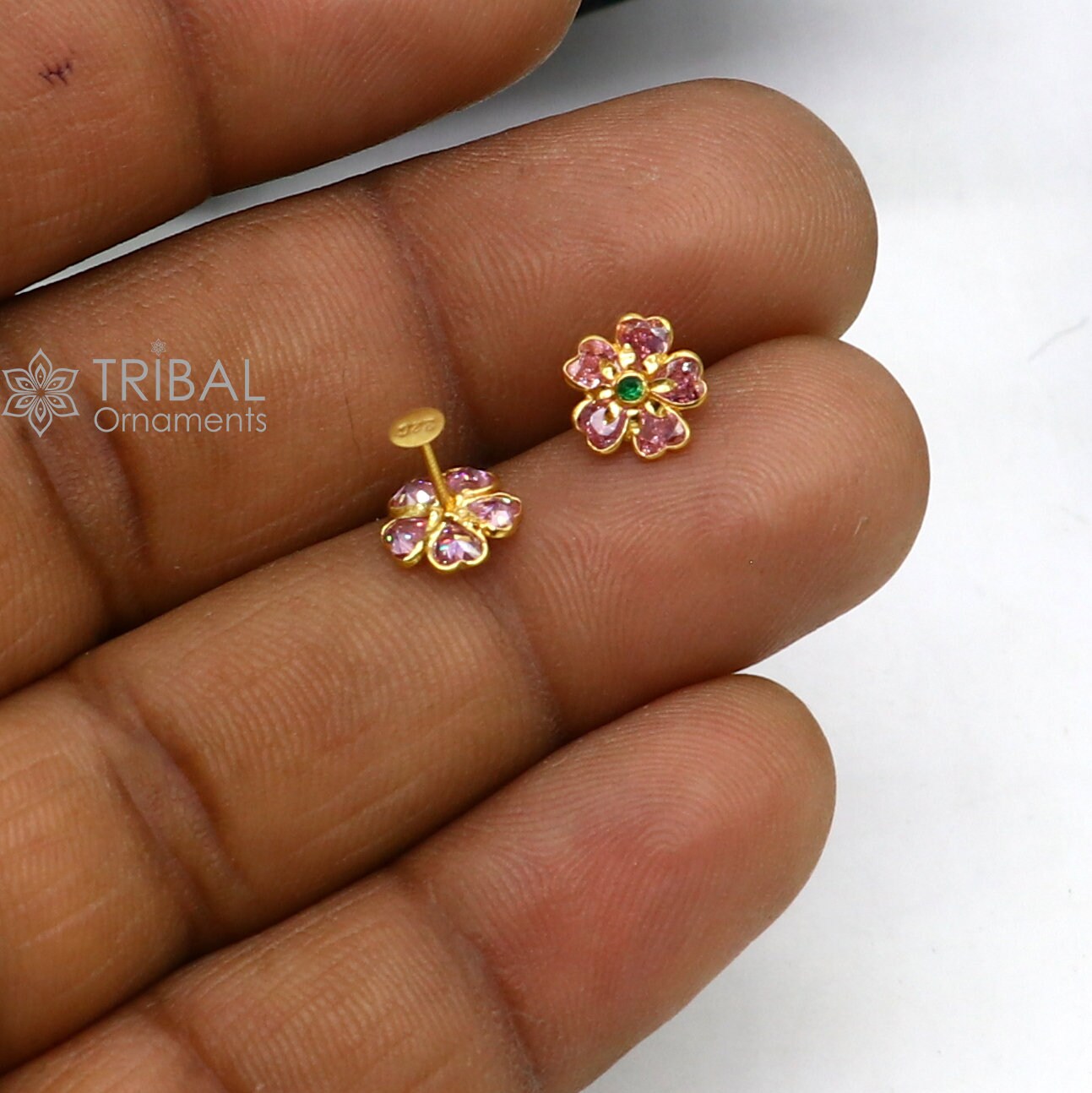 14kt yellow gold handmade fabulous orange Stone excellent vintage flower design stud earrings pair unisex jewelry er175 - TRIBAL ORNAMENTS