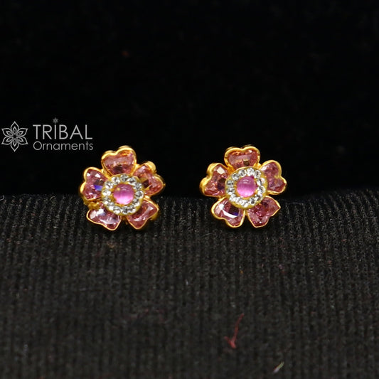 14kt yellow gold handmade fabulous orange Stone excellent vintage flower design stud earrings pair unisex jewelry er176 - TRIBAL ORNAMENTS