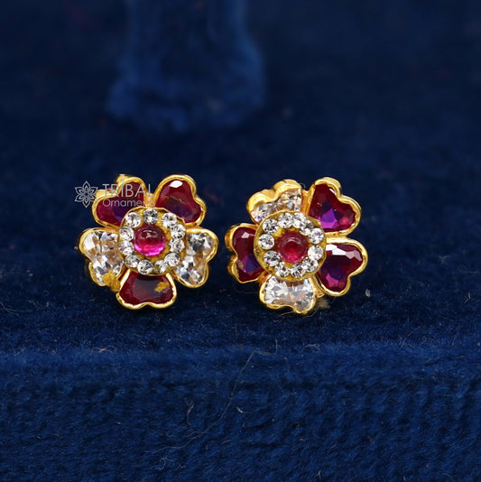 14kt yellow gold handmade fabulous orange Stone excellent vintage flower design stud earrings pair unisex jewelry er177 - TRIBAL ORNAMENTS