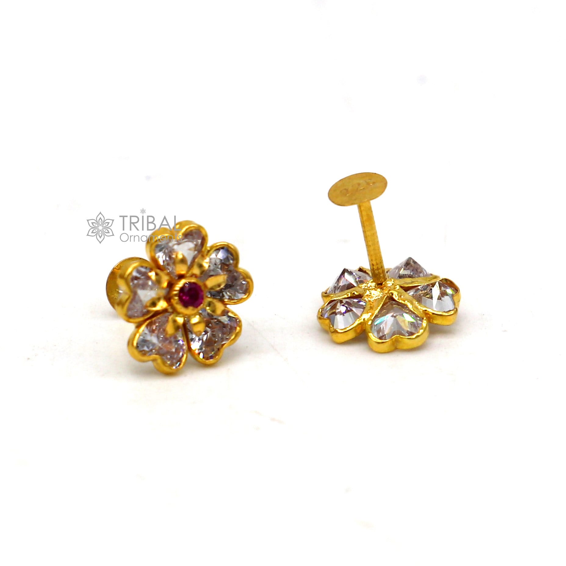 14kt yellow gold handmade fabulous orange Stone excellent vintage flower design stud earrings pair unisex jewelry er178 - TRIBAL ORNAMENTS