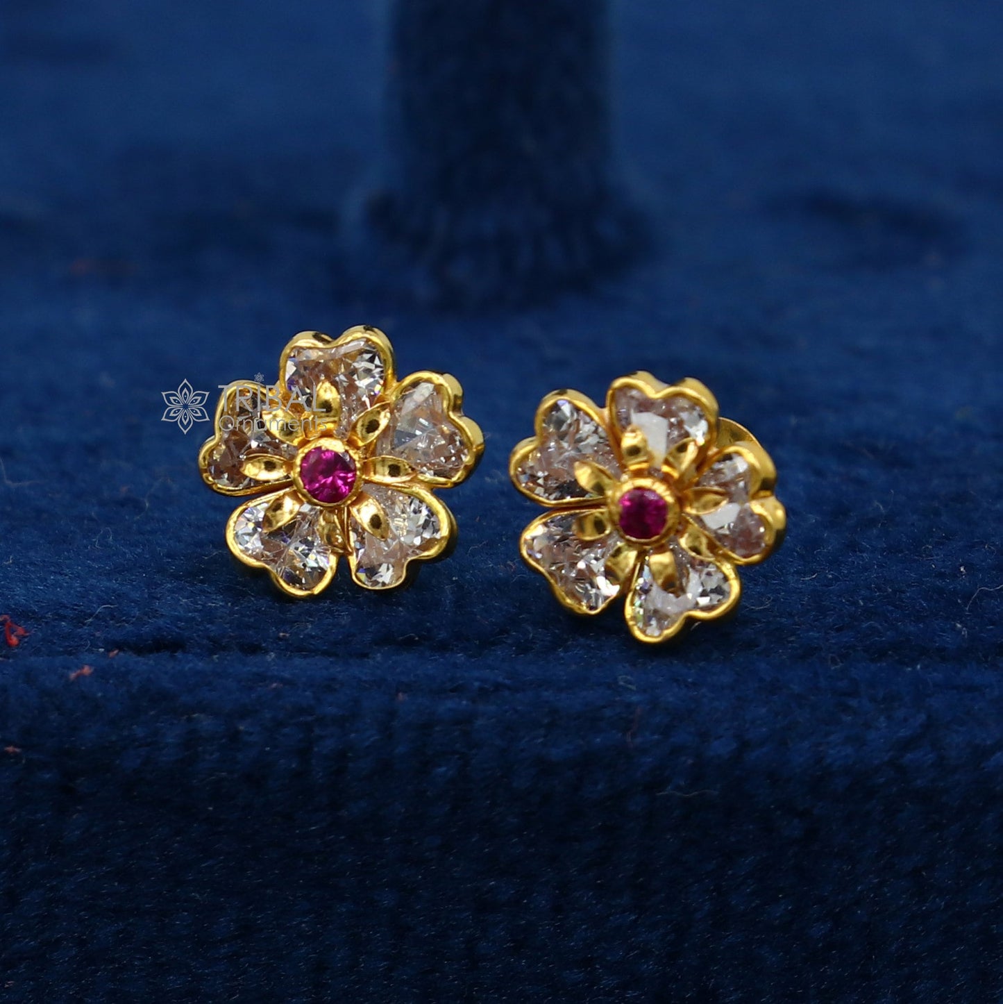 14kt yellow gold handmade fabulous orange Stone excellent vintage flower design stud earrings pair unisex jewelry er178 - TRIBAL ORNAMENTS