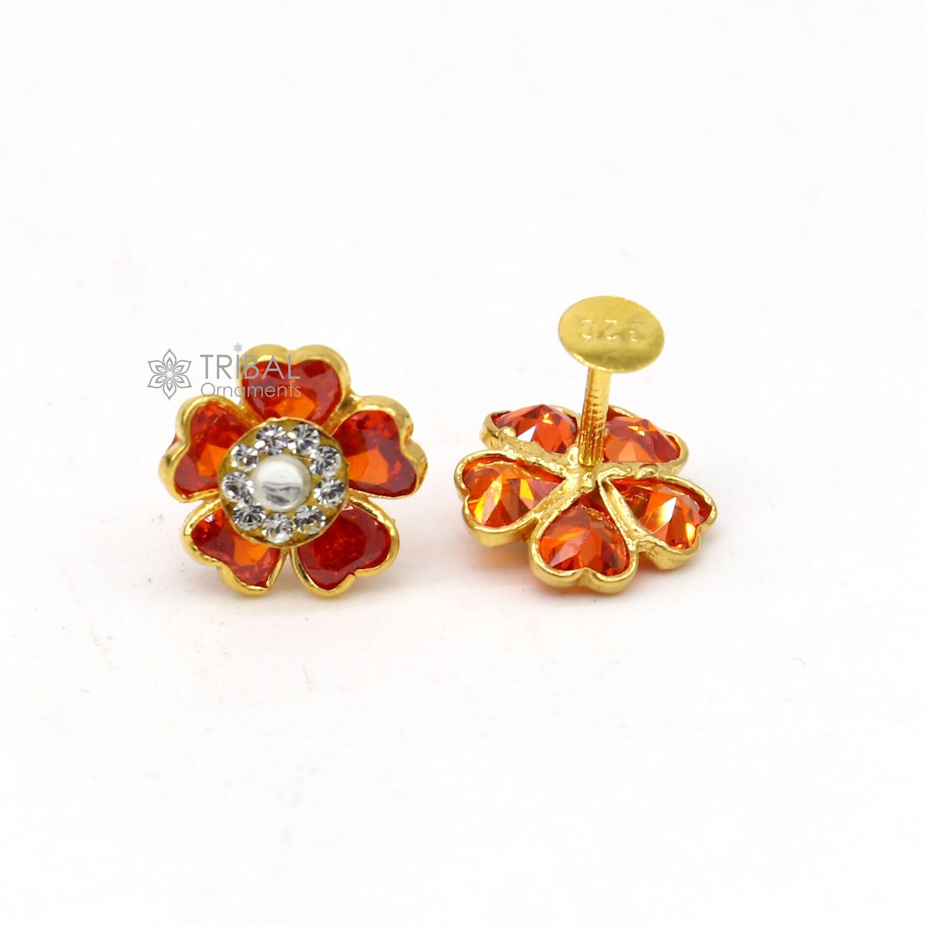 14kt yellow gold handmade fabulous orange Stone excellent vintage flower design stud earrings pair unisex jewelry er174 - TRIBAL ORNAMENTS