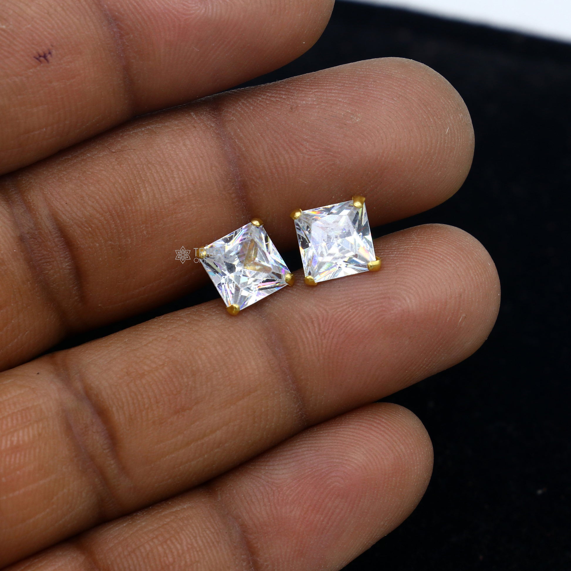 8mm 14kt yellow gold handmade single cubic zircon stone square shape stud earring cartilage customized unisex jewelry er179 - TRIBAL ORNAMENTS