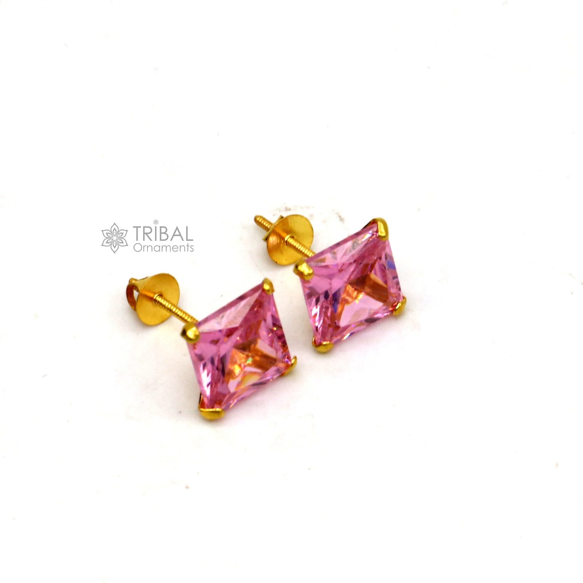 Exclusive 14kt yellow gold handmade single cubic zircon stone square shape stud earring cartilage customized unisex jewelry er180 - TRIBAL ORNAMENTS