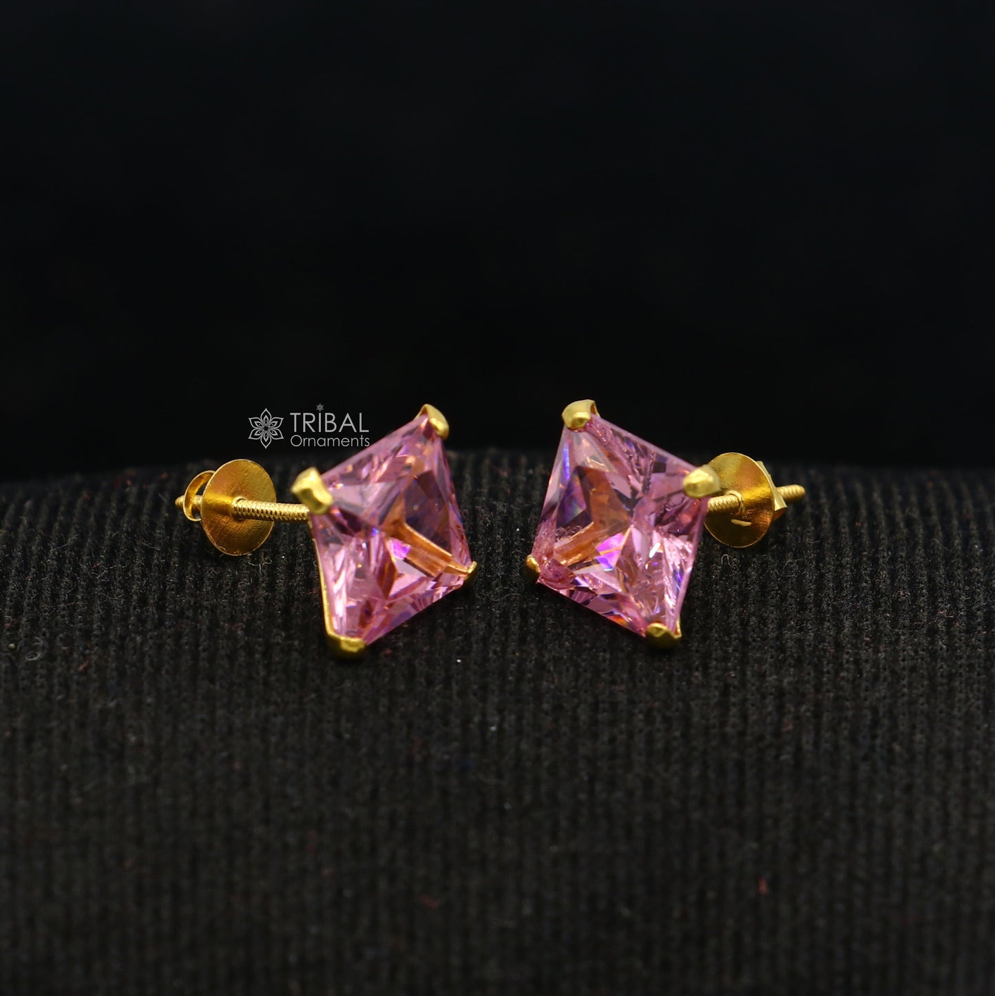 Exclusive 14kt yellow gold handmade single cubic zircon stone square shape stud earring cartilage customized unisex jewelry er180 - TRIBAL ORNAMENTS