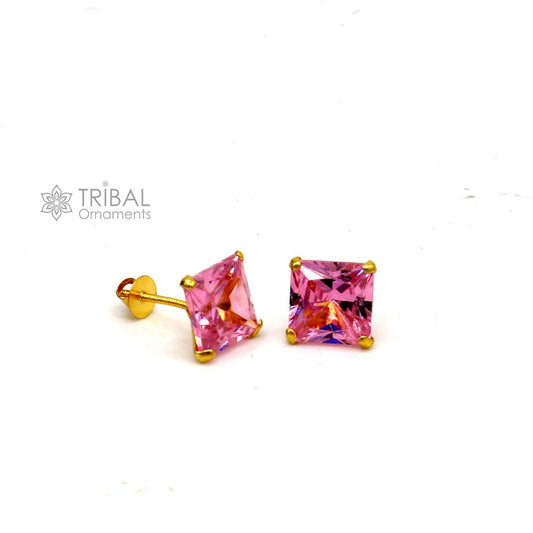 Exclusive 14kt yellow gold handmade single cubic zircon stone square shape stud earring cartilage customized unisex jewelry er180 - TRIBAL ORNAMENTS