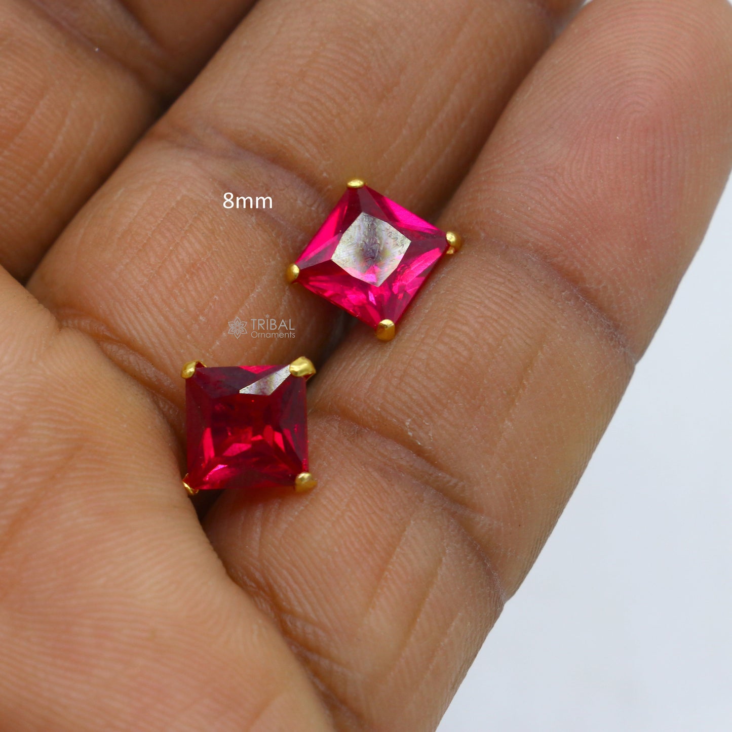 Exclusive 14kt yellow gold handmade single red stone square shape stud earring cartilage customized unisex jewelry er181 - TRIBAL ORNAMENTS