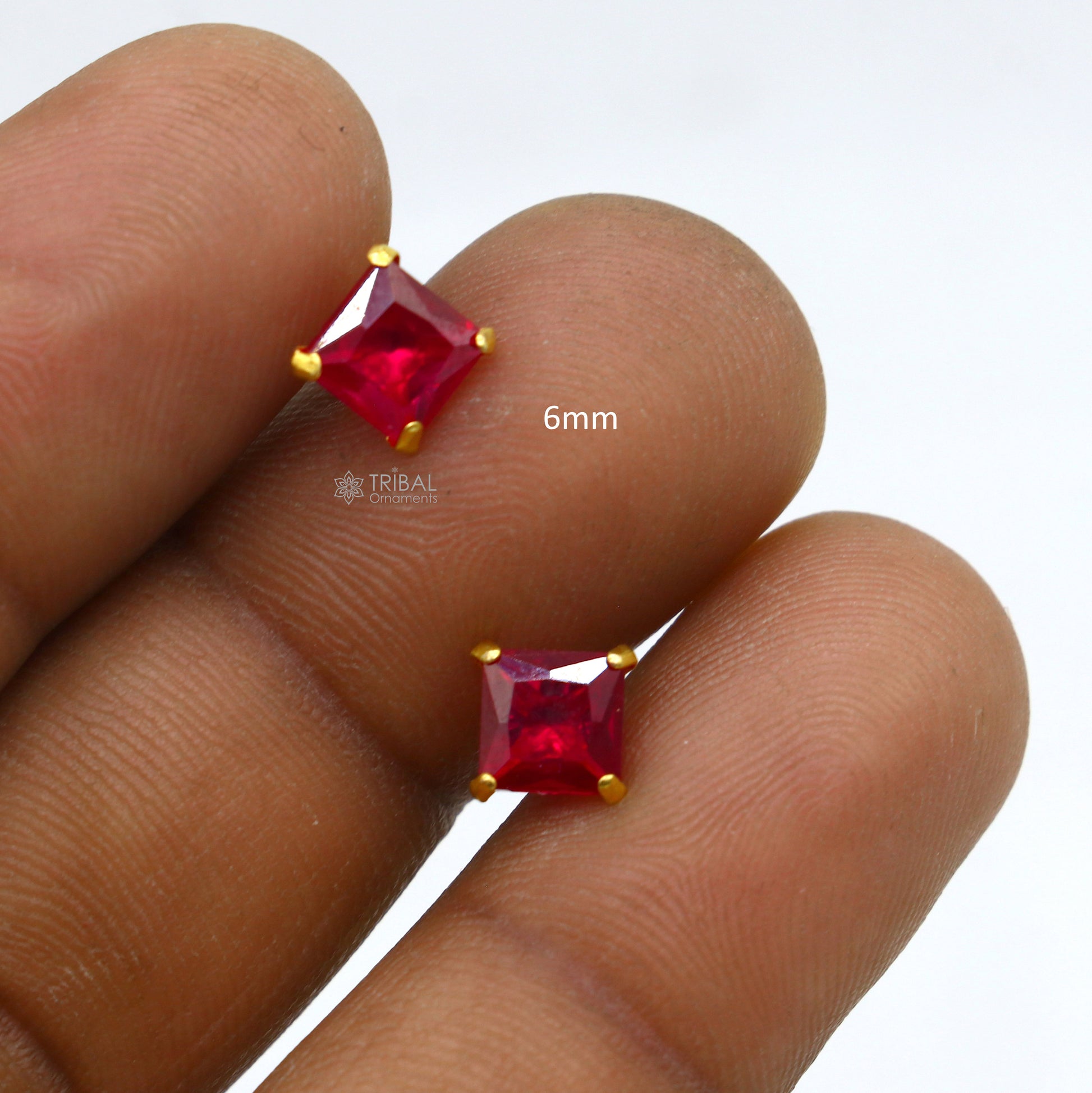 Exclusive 14kt yellow gold handmade single red stone square shape stud earring cartilage customized unisex jewelry er181 - TRIBAL ORNAMENTS