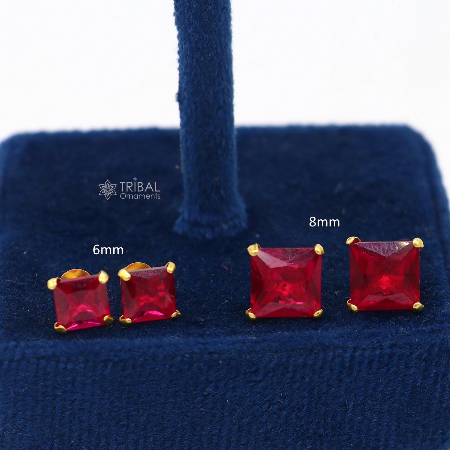 Exclusive 14kt yellow gold handmade single red stone square shape stud earring cartilage customized unisex jewelry er181 - TRIBAL ORNAMENTS