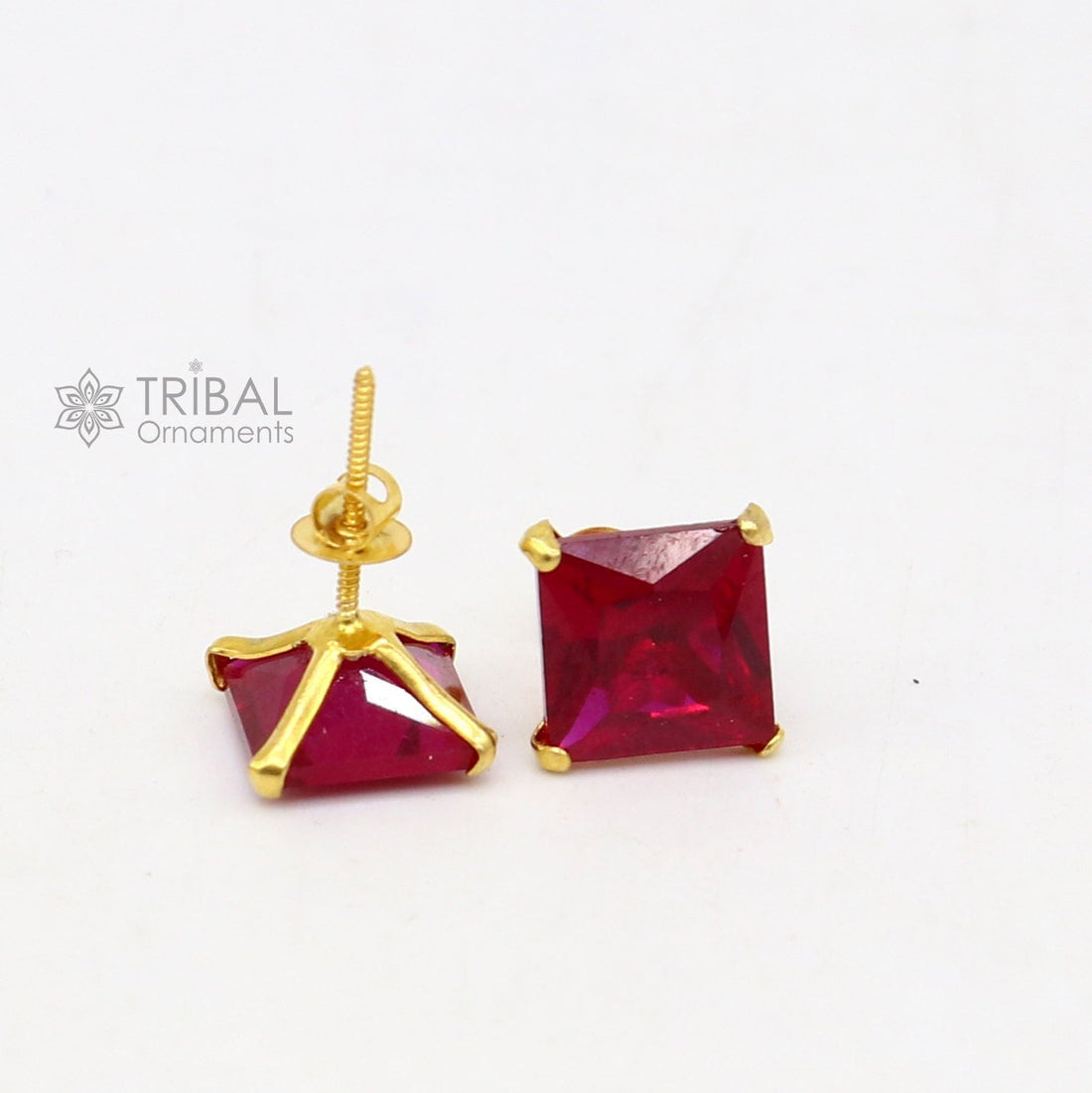 Exclusive 14kt yellow gold handmade single red stone square shape stud earring cartilage customized unisex jewelry er181 - TRIBAL ORNAMENTS