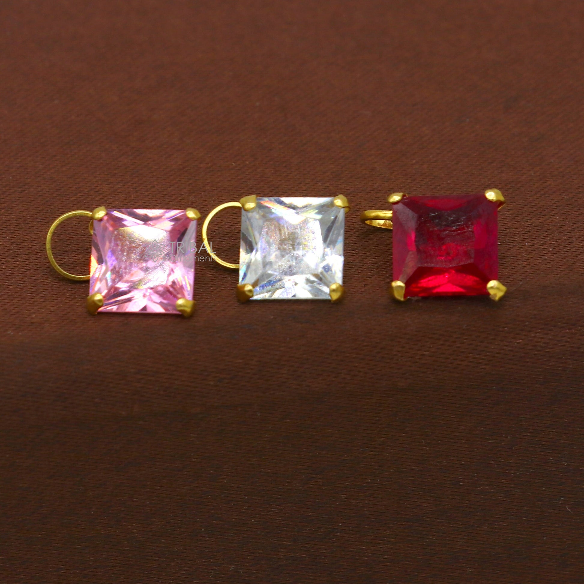 Fabulous red pink and white color stone Handmade 14kt yellow gold pendant, exclusive square shape pendant for daily use jewelry gp32 - TRIBAL ORNAMENTS