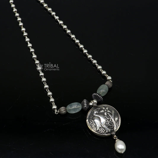 925 sterling silver handmade vintage beaded chain necklace amazing peacock pendant with hanging drops, ethnic tribal long set jewelry set661 - TRIBAL ORNAMENTS