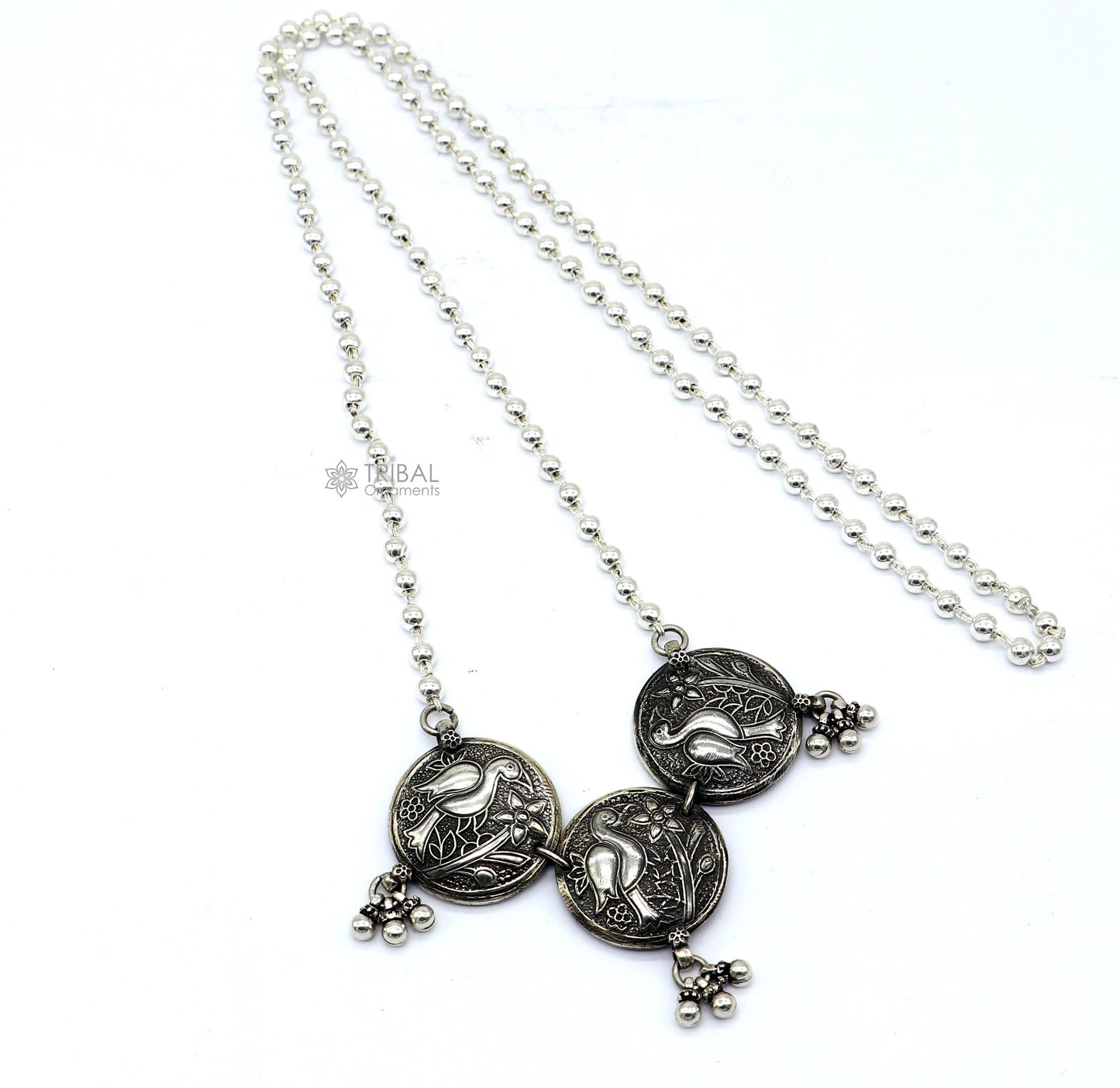 925 sterling silver handmade vintage beaded chain necklace amazing peacock pendant with hanging drops, ethnic tribal long set jewelry set662 - TRIBAL ORNAMENTS