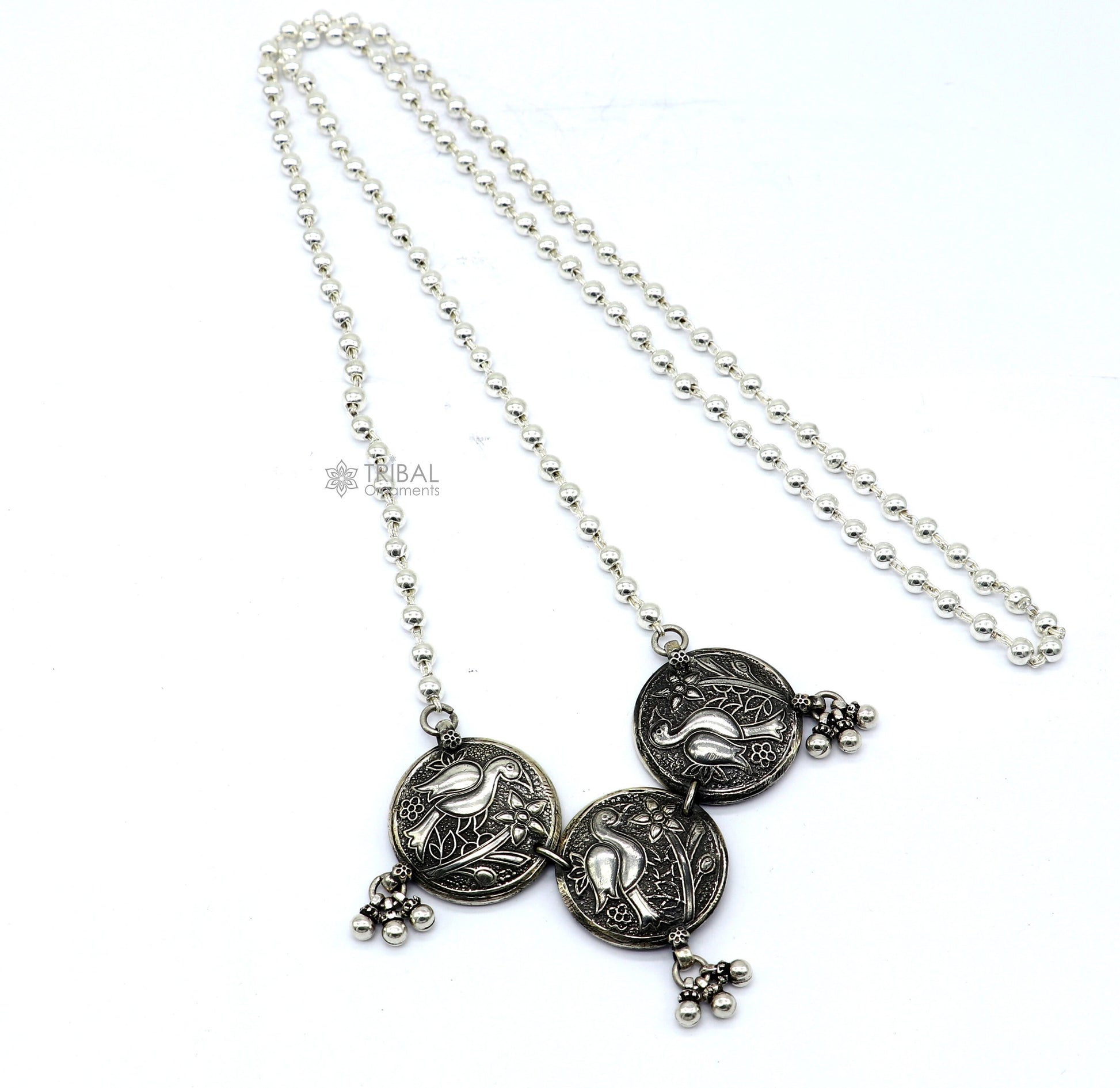 925 sterling silver handmade vintage beaded chain necklace amazing peacock pendant with hanging drops, ethnic tribal long set jewelry set662 - TRIBAL ORNAMENTS