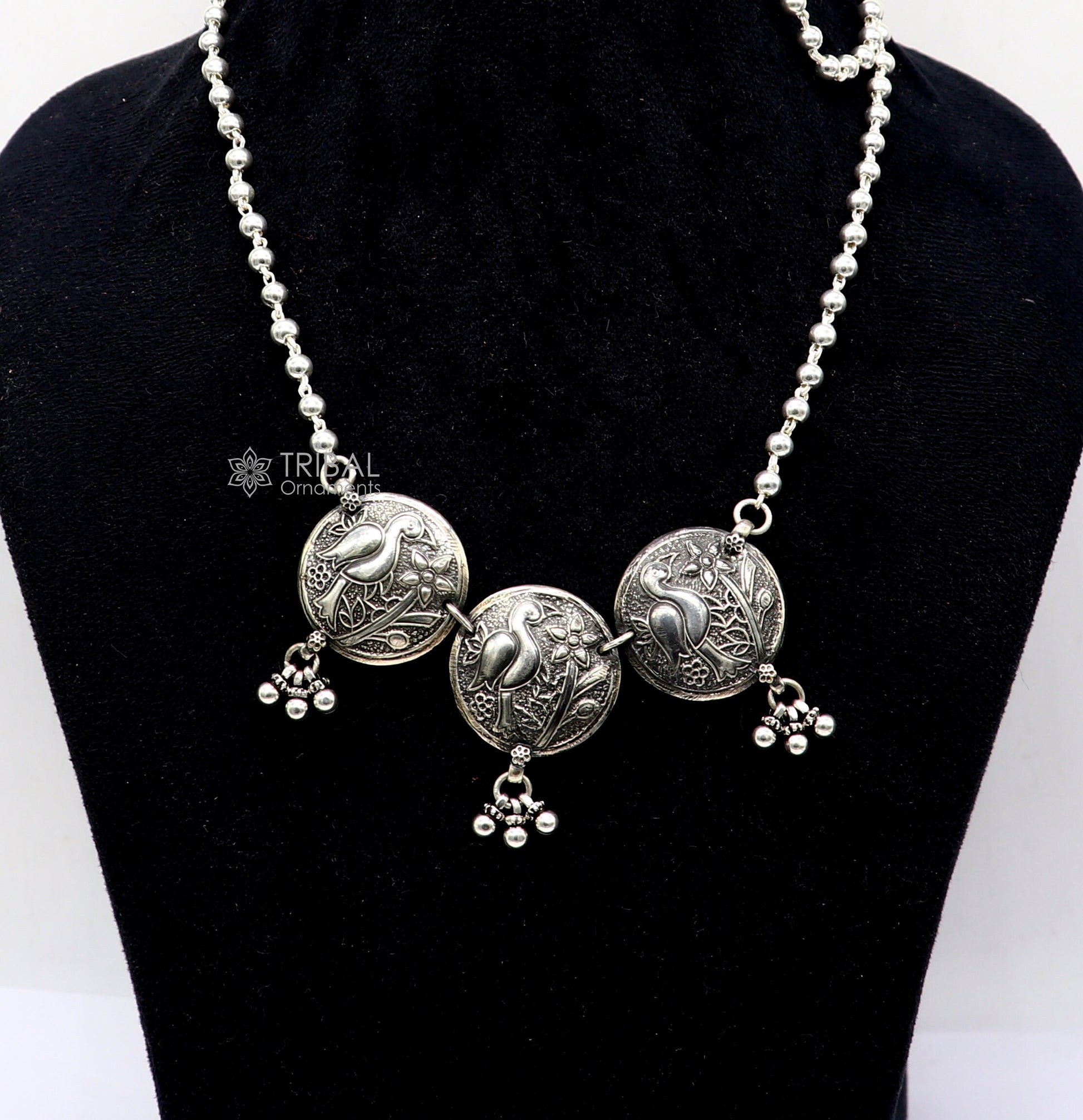 925 sterling silver handmade vintage beaded chain necklace amazing peacock pendant with hanging drops, ethnic tribal long set jewelry set662 - TRIBAL ORNAMENTS