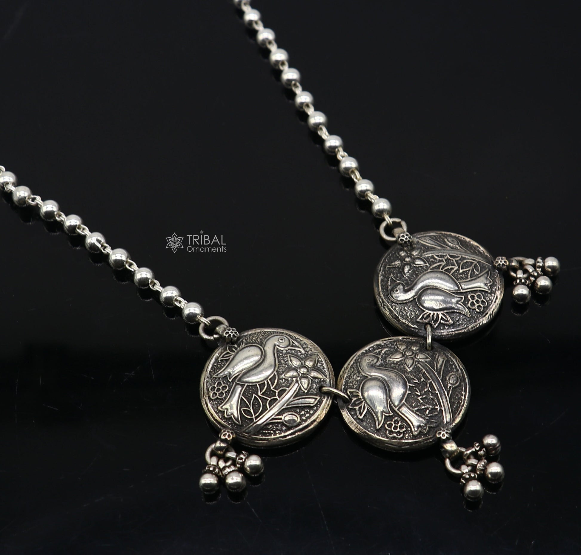 925 sterling silver handmade vintage beaded chain necklace amazing peacock pendant with hanging drops, ethnic tribal long set jewelry set662 - TRIBAL ORNAMENTS