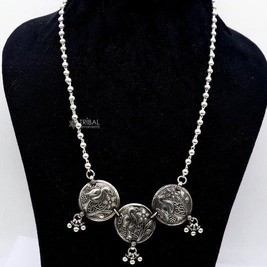 925 sterling silver handmade vintage beaded chain necklace amazing peacock pendant with hanging drops, ethnic tribal long set jewelry set662 - TRIBAL ORNAMENTS