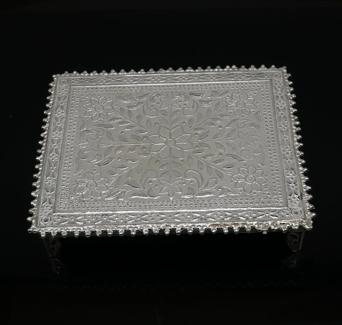 3.5"x4.5" Vintage design Sterling silver handmade customize small rectangle shape table/bazot/chouki, excellent home puja utensils su1265 - TRIBAL ORNAMENTS