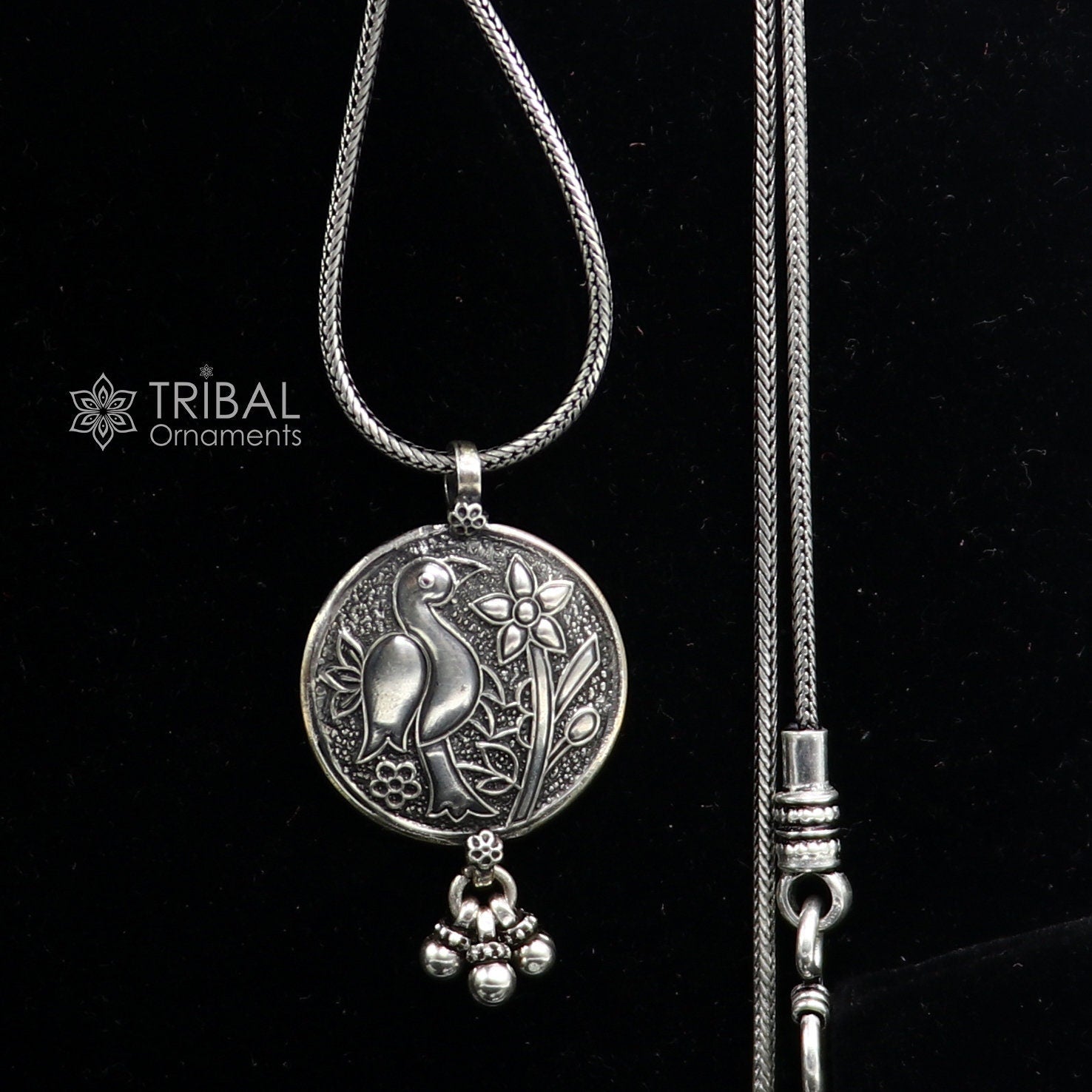 925 sterling silver handmade vintage Traditional Indian culture style peacock pendant with hanging drops, ethnic tribal jewelry nsp782 - TRIBAL ORNAMENTS