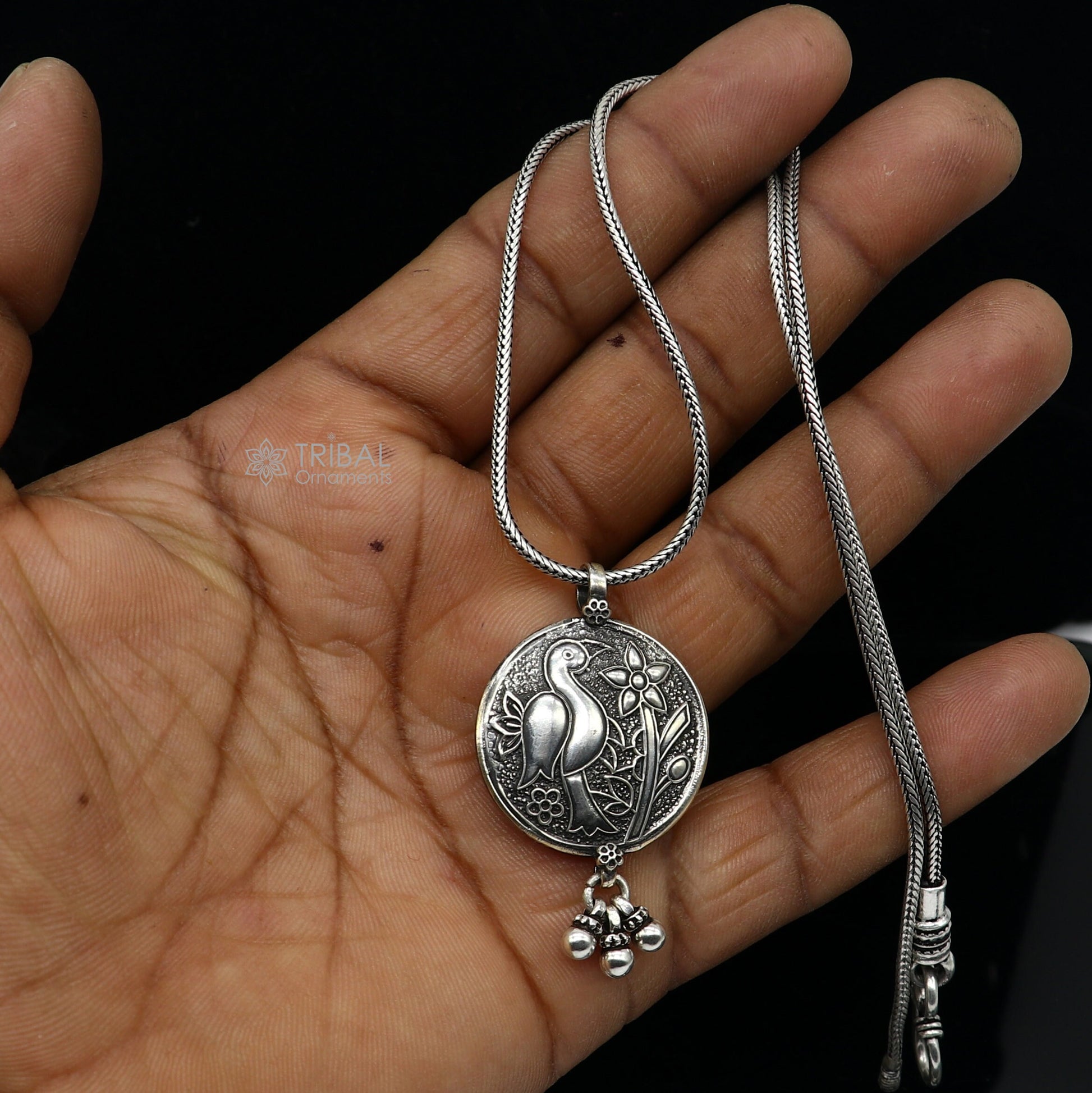 925 sterling silver handmade vintage Traditional Indian culture style peacock pendant with hanging drops, ethnic tribal jewelry nsp782 - TRIBAL ORNAMENTS