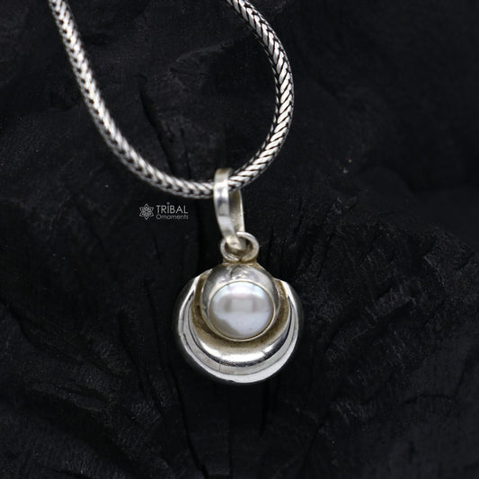 925 sterling silver handmade half moon pendant with natural pearl awesome unisex pearl moon pendant, best gifting jewelry from india nsp784 - TRIBAL ORNAMENTS