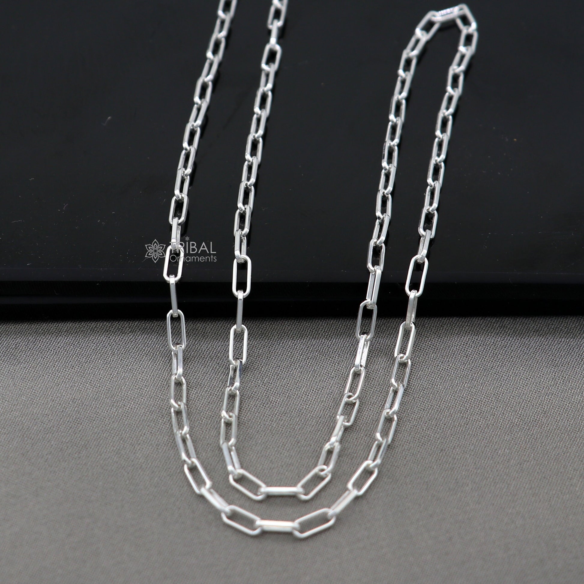 2MM 18" 925 sterling silver handmade solid fancy stylish silver Paperclip chain necklace baht chain best gifting jewelry from India ch580 - TRIBAL ORNAMENTS