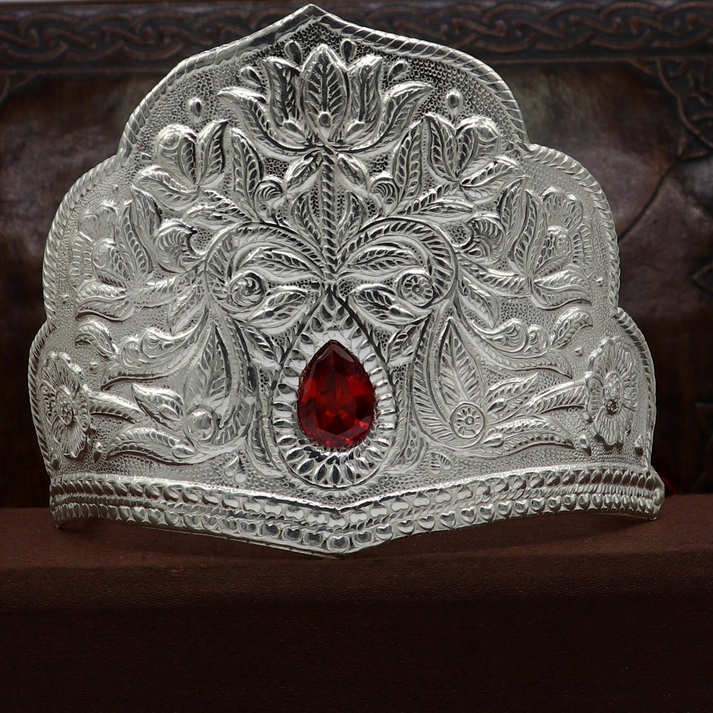 925 sterling silver vintage antique design mukut (crown), amazing handmade enamel design silver god crown home temple god hat su1269 - TRIBAL ORNAMENTS