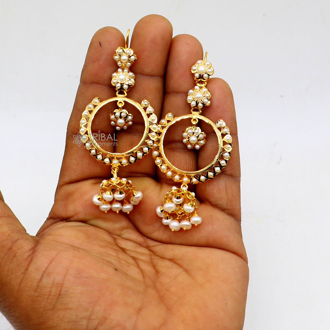 22kt yellow gold handmade unique stylish filigree work hoops earring, Drop dangle charm pearl earrings best functional jewelry  er170 - TRIBAL ORNAMENTS