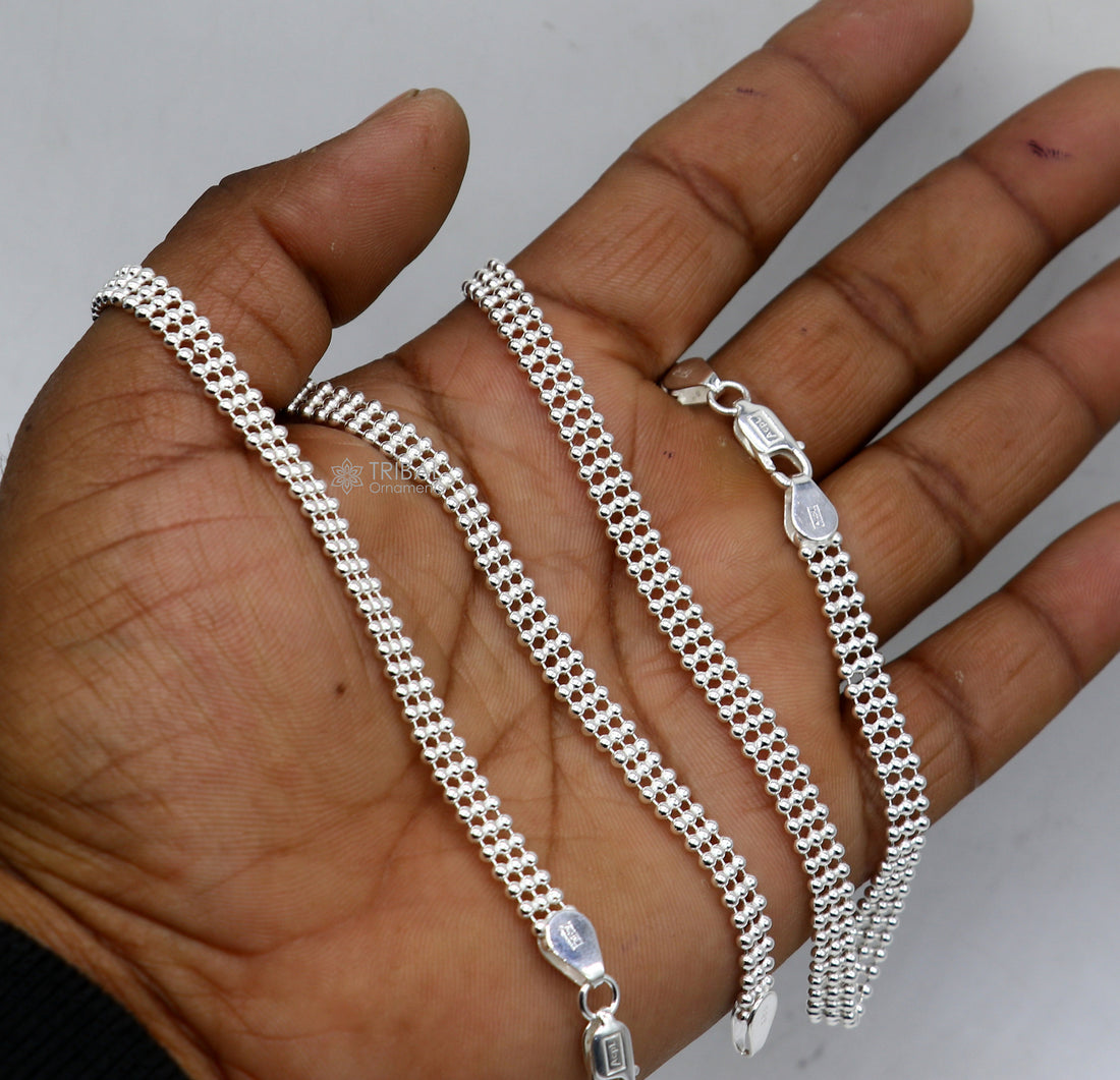 10.5" 925 sterling silver triple line beaded/ball chain anklet bracelet light weight delicate anklets belly dance silver jewelry ank613 - TRIBAL ORNAMENTS