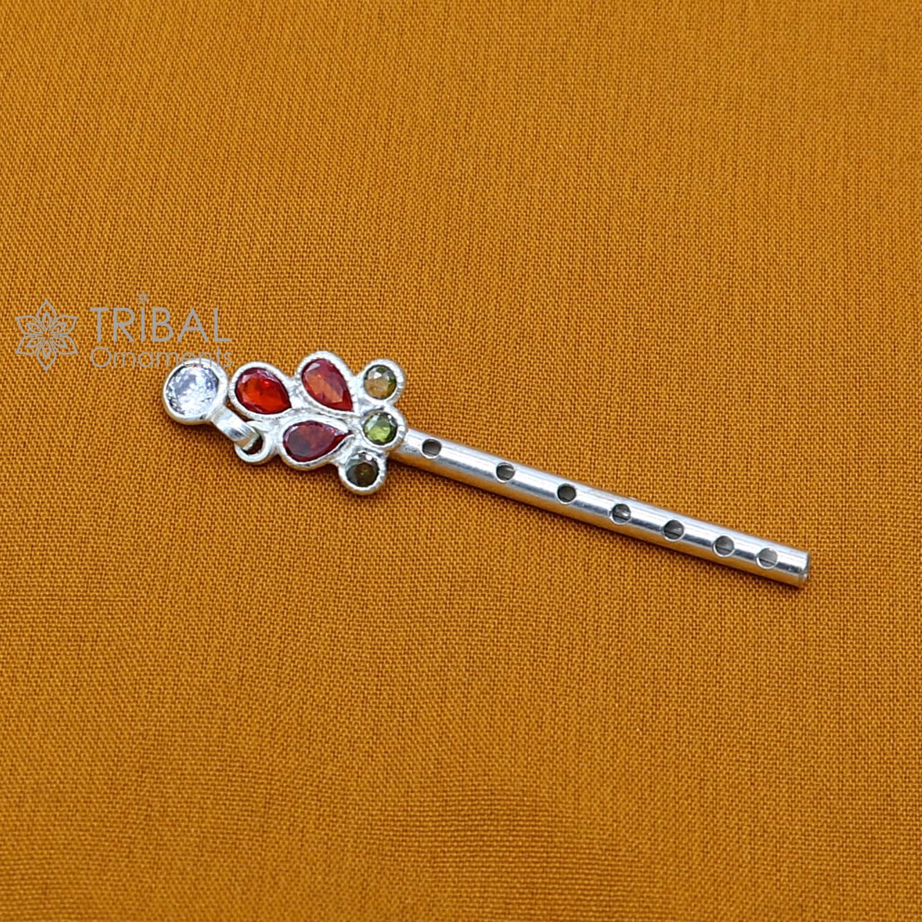 4.8 CM Flute divine 925 sterling silver handmade stone work design idol Krishna flute, silver bansuri, laddu Gopala flute su1250 - TRIBAL ORNAMENTS
