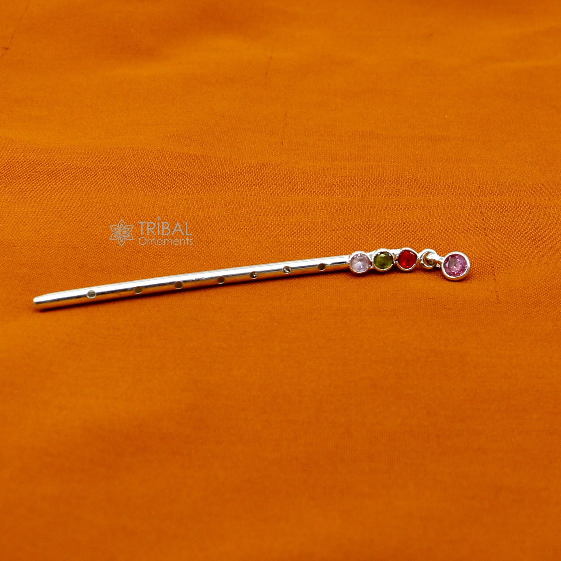 8cm long Flute divine 925 sterling silver handmade stone work design idol Krishna flute, silver bansuri, laddu Gopala flute su1252 - TRIBAL ORNAMENTS
