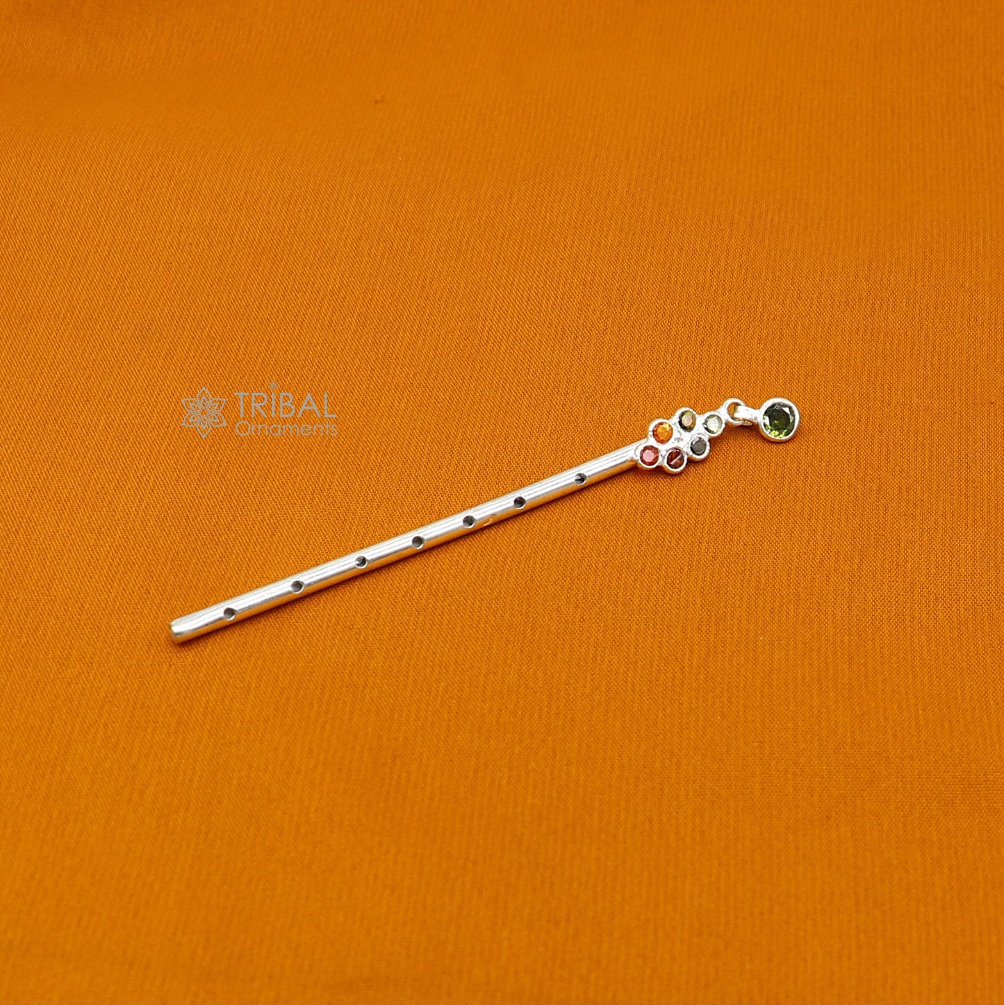 8cm long Flute divine 925 sterling silver handmade stone work design idol Krishna flute, silver bansuri, laddu Gopala flute su1253 - TRIBAL ORNAMENTS