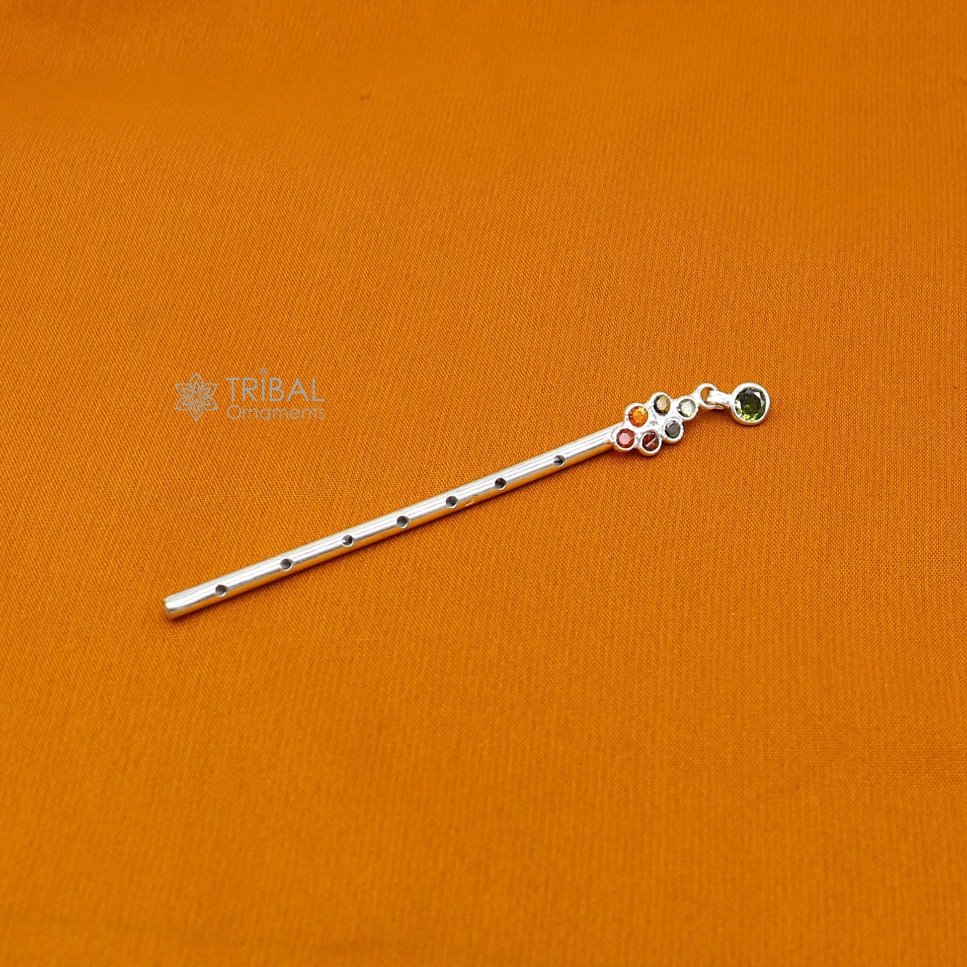 8cm long Flute divine 925 sterling silver handmade stone work design idol Krishna flute, silver bansuri, laddu Gopala flute su1253 - TRIBAL ORNAMENTS
