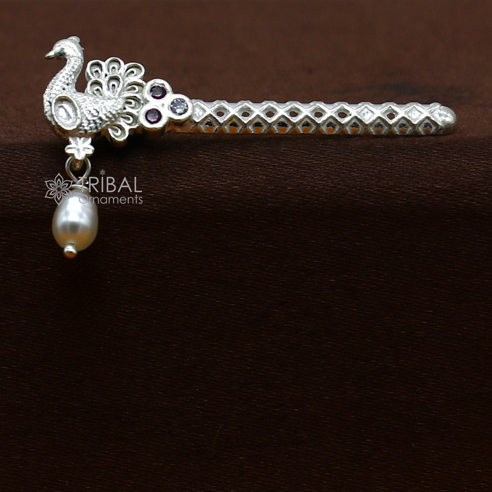 3.5cm" Flute divine 925 sterling silver handmade peacock design idol Krishna flute, silver bansuri, laddu Gopala flute, Krishna flute su1259 - TRIBAL ORNAMENTS