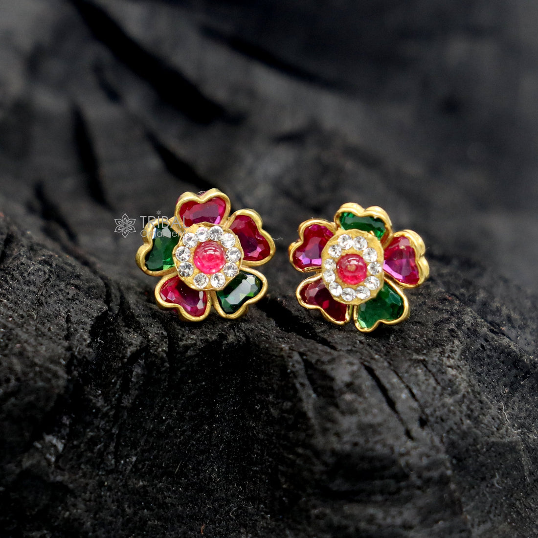 Genuine 14k yellow gold handmade fabulous cubic zircon stone excellent antique vintage flower design stud earrings pair unisex jewelry er171 - TRIBAL ORNAMENTS