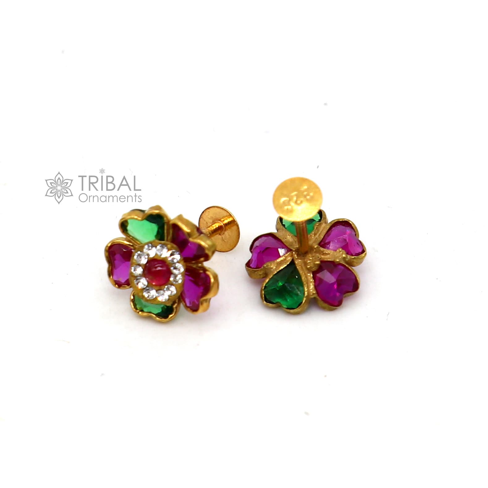 Genuine 14k yellow gold handmade fabulous cubic zircon stone excellent antique vintage flower design stud earrings pair unisex jewelry er171 - TRIBAL ORNAMENTS