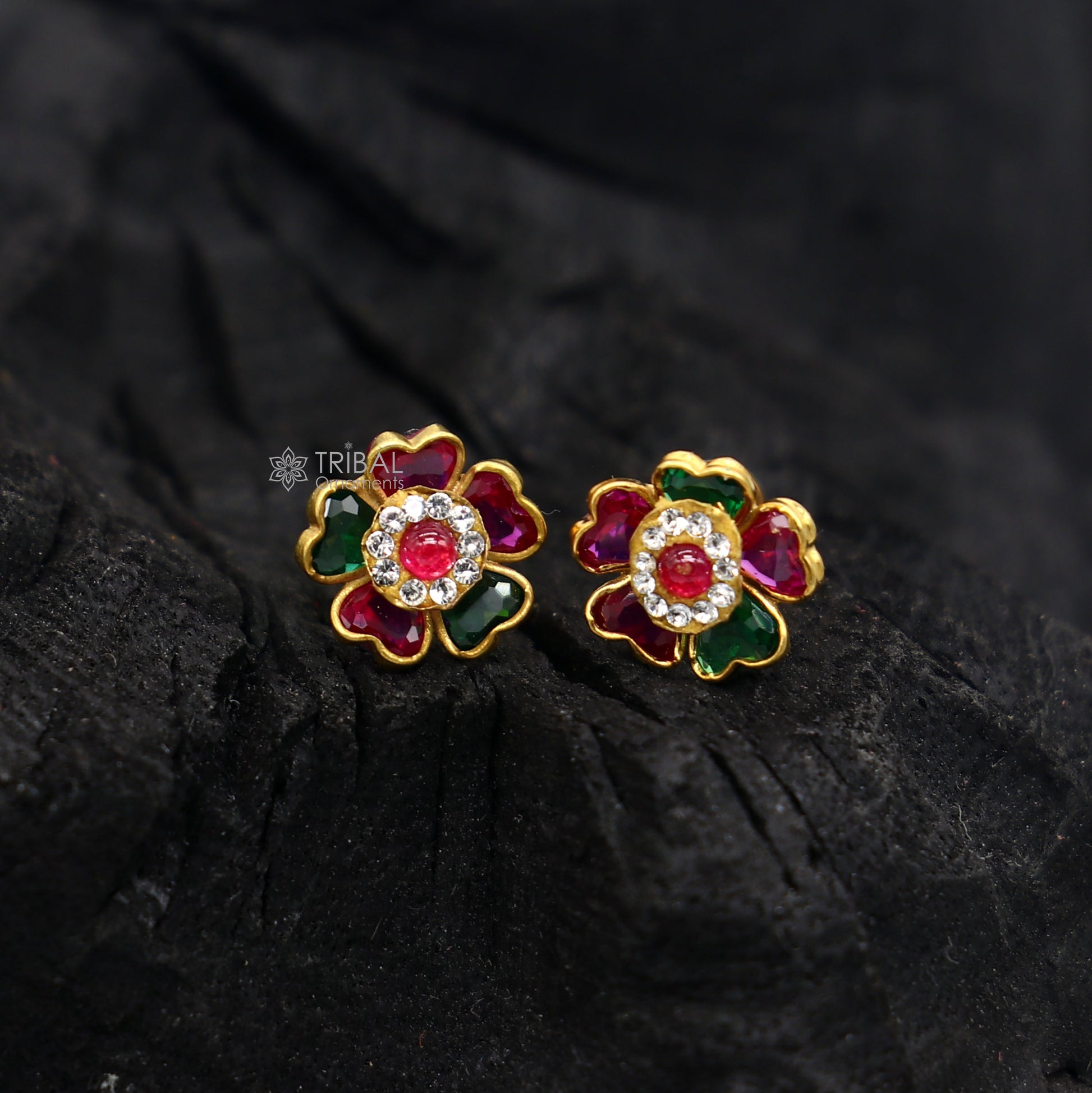 Genuine 14k yellow gold handmade fabulous cubic zircon stone excellent antique vintage flower design stud earrings pair unisex jewelry er171 - TRIBAL ORNAMENTS