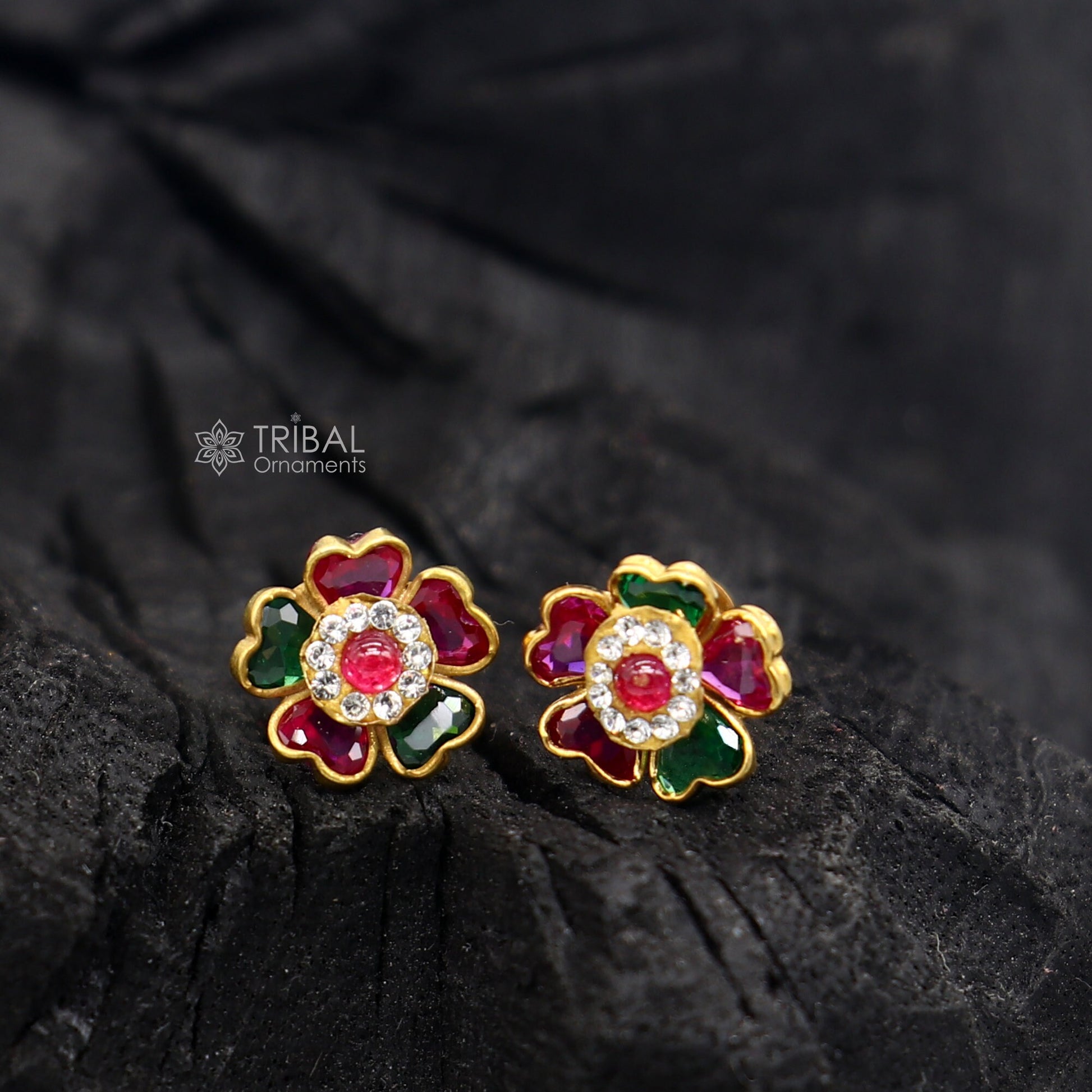 Genuine 14k yellow gold handmade fabulous cubic zircon stone excellent antique vintage flower design stud earrings pair unisex jewelry er171 - TRIBAL ORNAMENTS