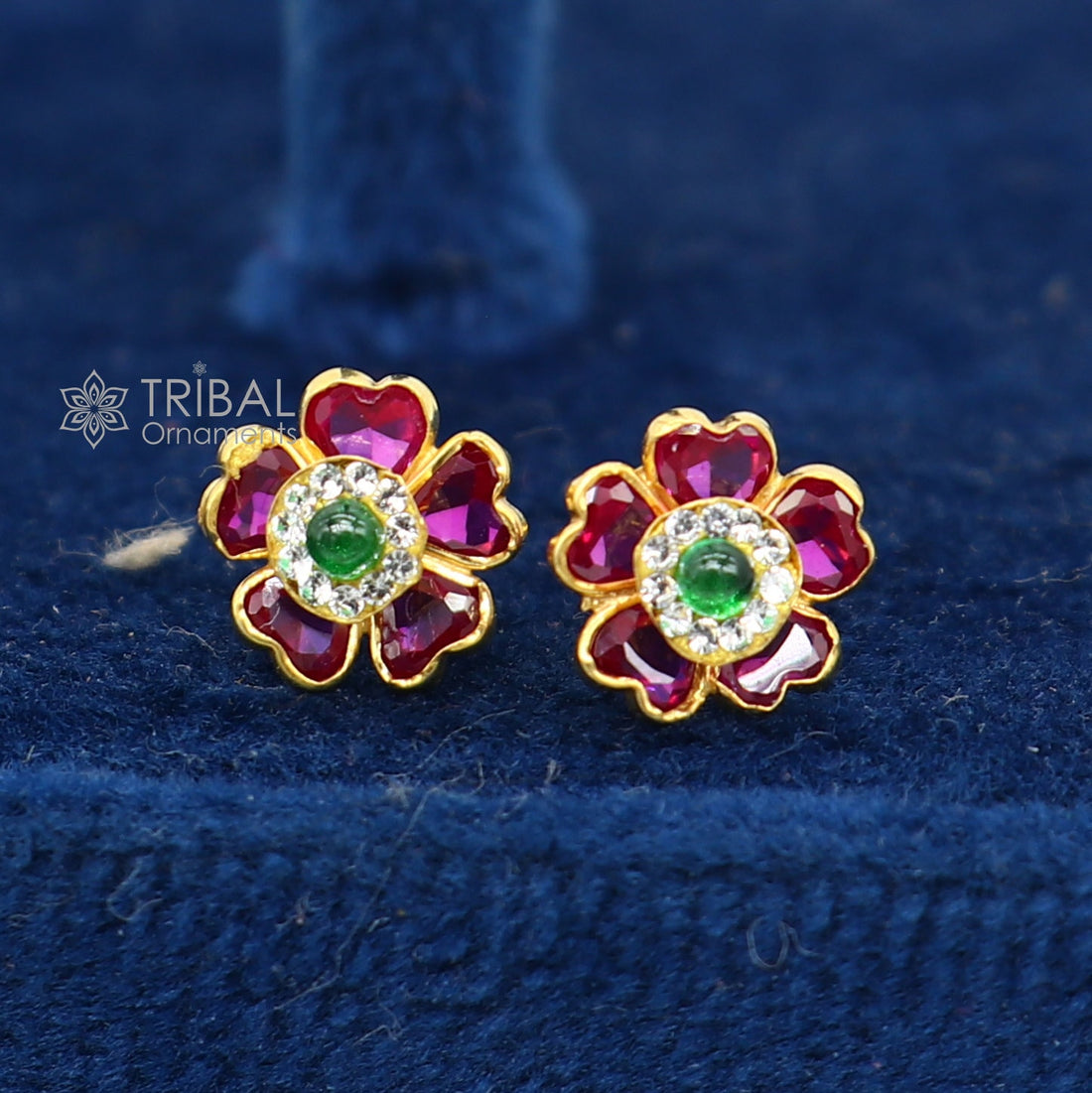 Genuine 14k yellow gold handmade fabulous red and Green Stone excellent vintage flower design stud earrings pair unisex jewelry er172 - TRIBAL ORNAMENTS