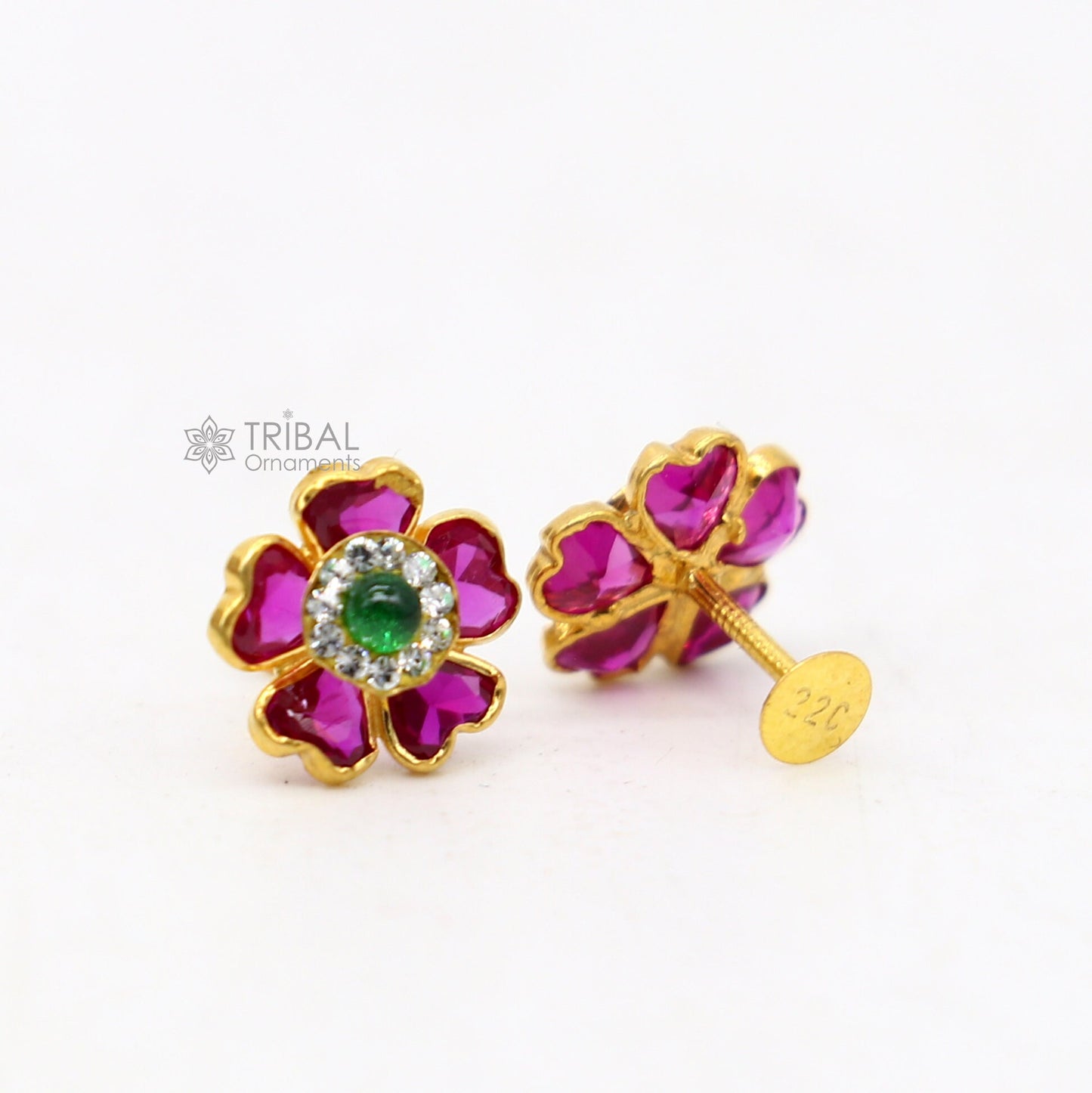 Genuine 14k yellow gold handmade fabulous red and Green Stone excellent vintage flower design stud earrings pair unisex jewelry er172 - TRIBAL ORNAMENTS