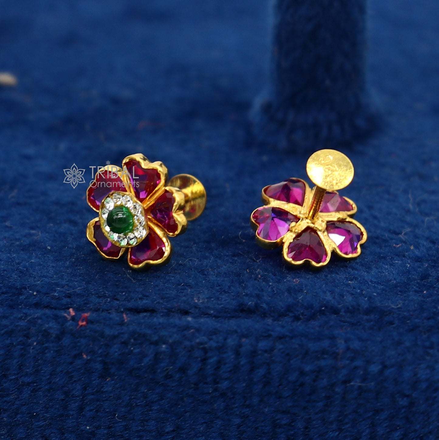 Genuine 14k yellow gold handmade fabulous red and Green Stone excellent vintage flower design stud earrings pair unisex jewelry er172 - TRIBAL ORNAMENTS