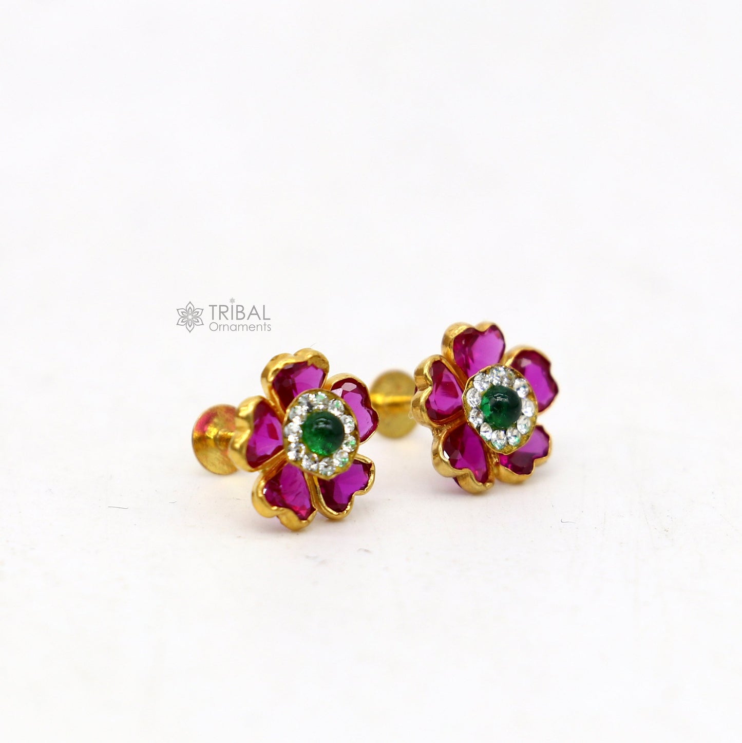 Genuine 14k yellow gold handmade fabulous red and Green Stone excellent vintage flower design stud earrings pair unisex jewelry er172 - TRIBAL ORNAMENTS