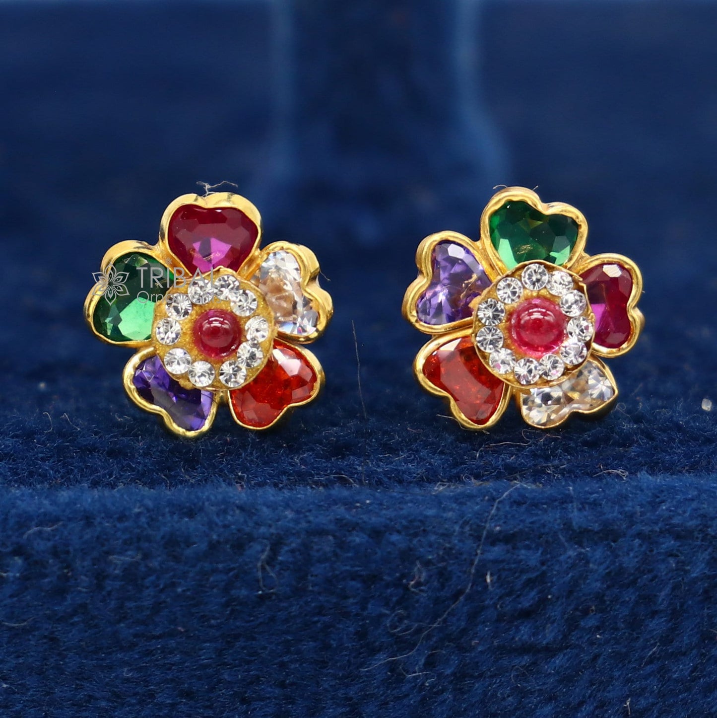 14kt yellow gold handmade fabulous multicolor Stone excellent vintage flower design stud earrings pair unisex jewelry er173 - TRIBAL ORNAMENTS