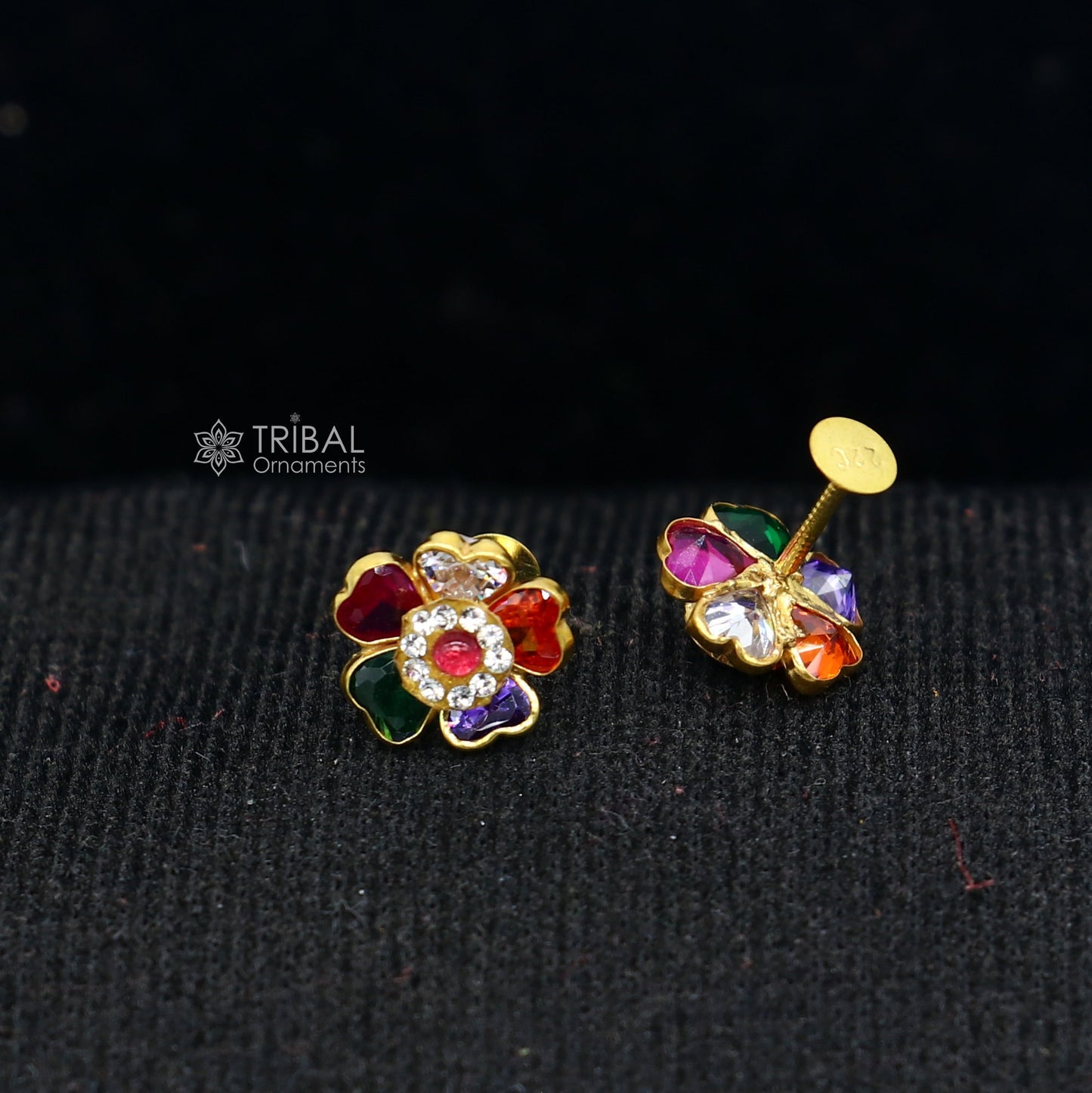 14kt yellow gold handmade fabulous multicolor Stone excellent vintage flower design stud earrings pair unisex jewelry er173 - TRIBAL ORNAMENTS