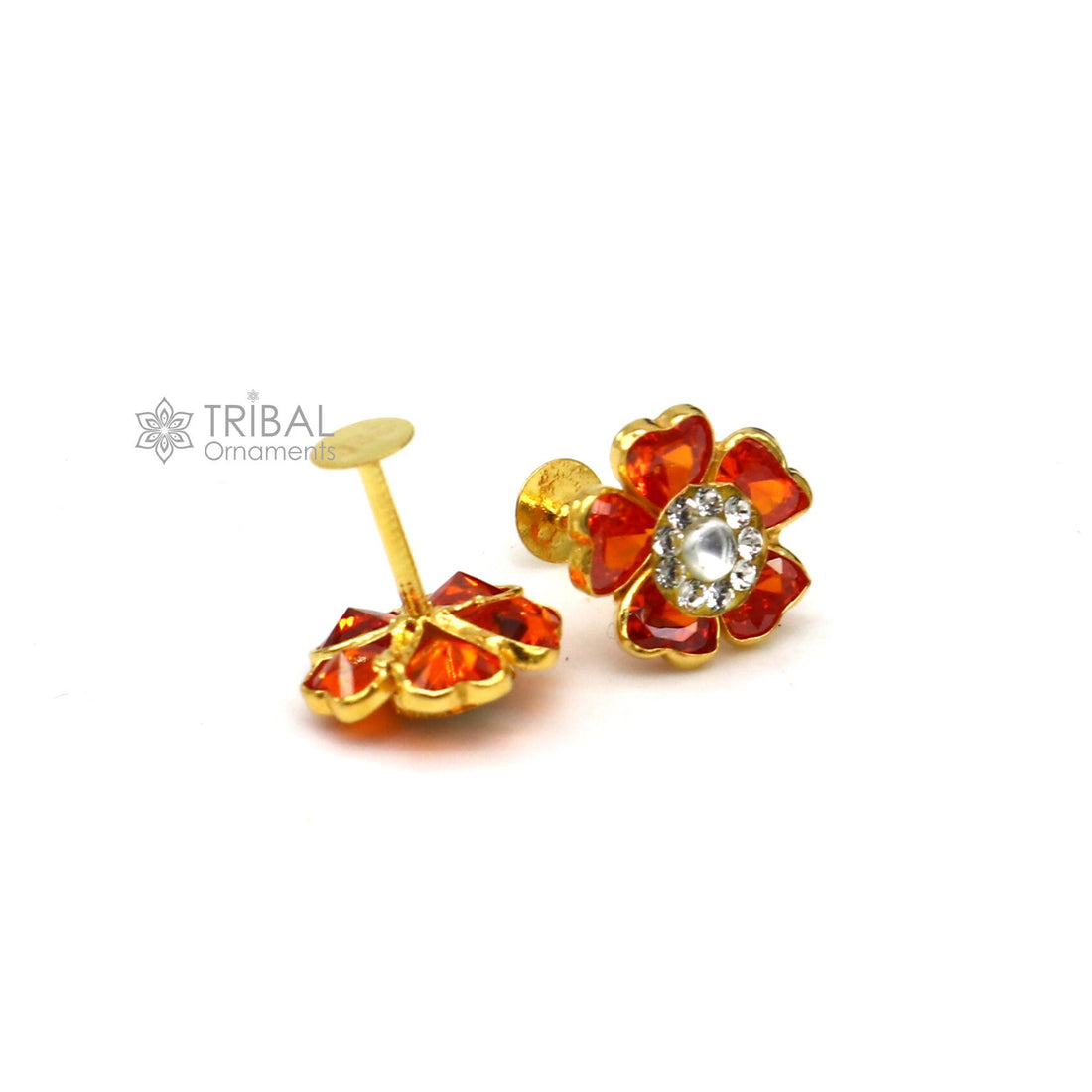 14kt yellow gold handmade fabulous orange Stone excellent vintage flower design stud earrings pair unisex jewelry er174 - TRIBAL ORNAMENTS